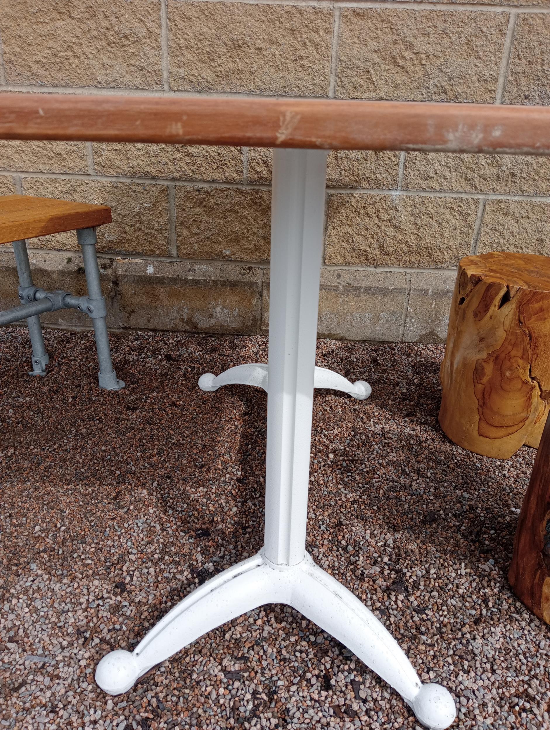 Cast iron garden table with Iroko wood top including wooden bench and two stools {Table H 73cm x W - Image 6 of 7