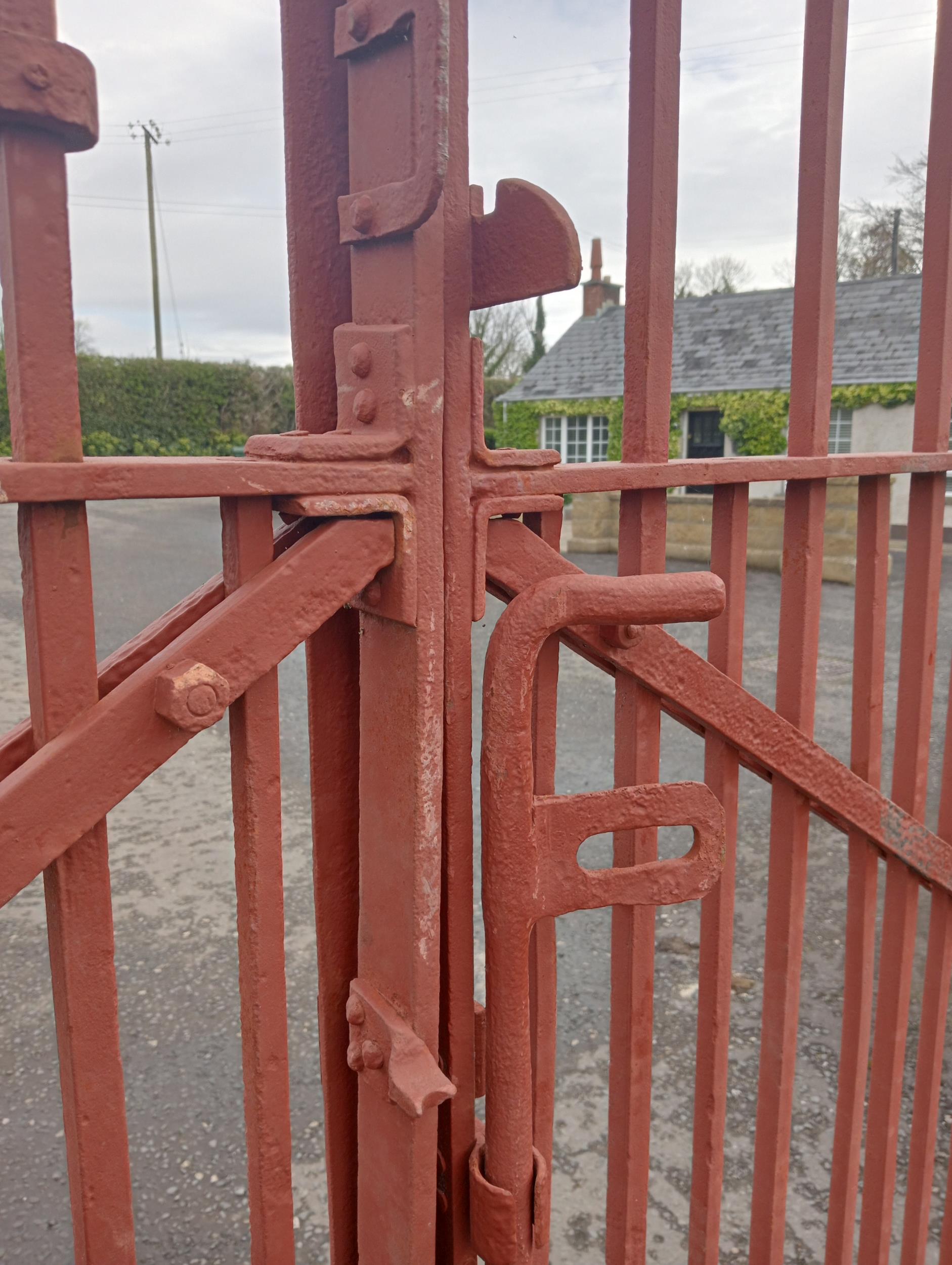 Pair of forged wrought iron riveted entrance gates {H 220cm x W 463cm x D 6cm}. (NOT AVAILABLE TO - Image 7 of 8