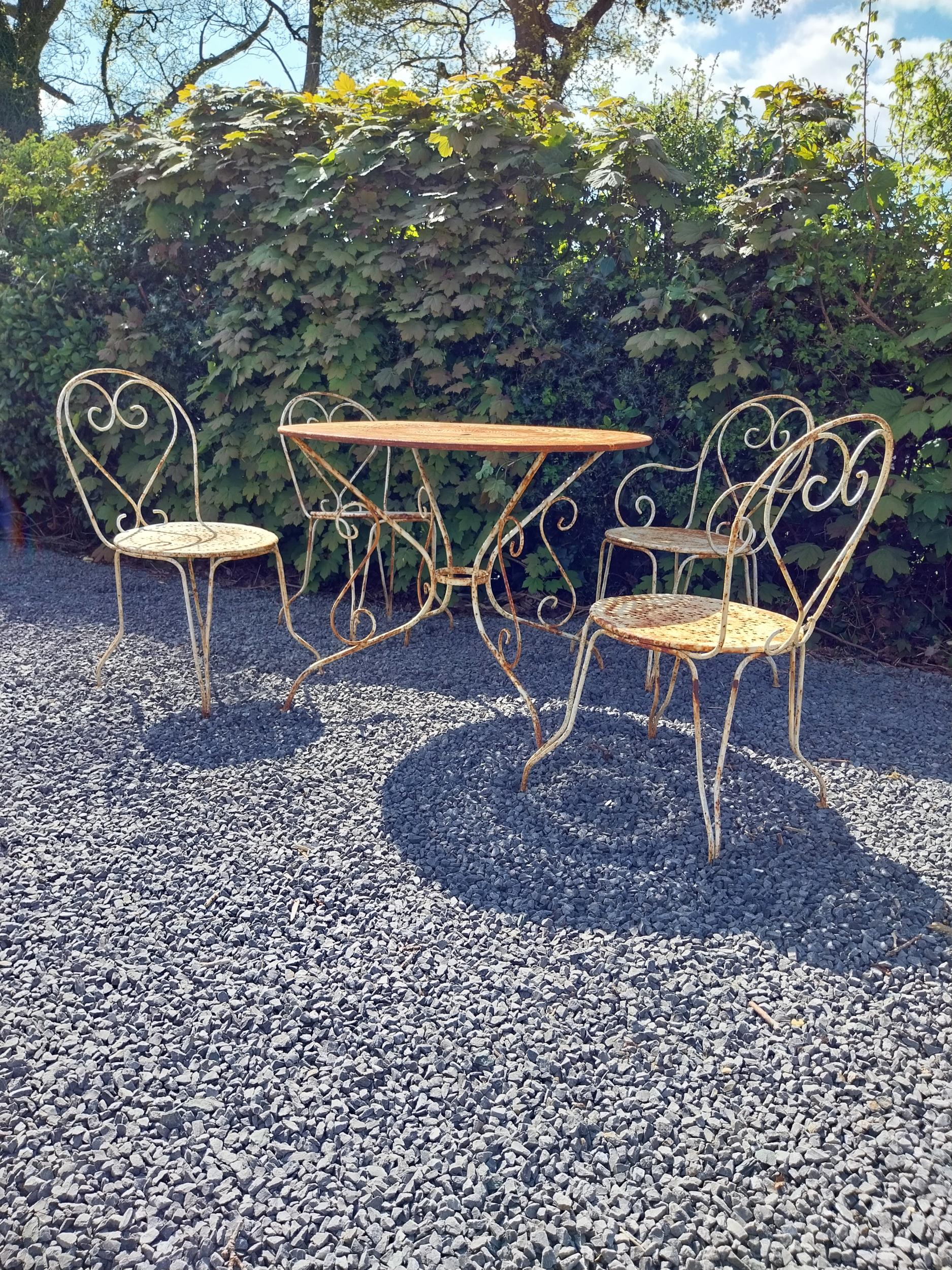 Early 20th C. French wrought iron garden table with three matching chairs and one matching - Image 3 of 9