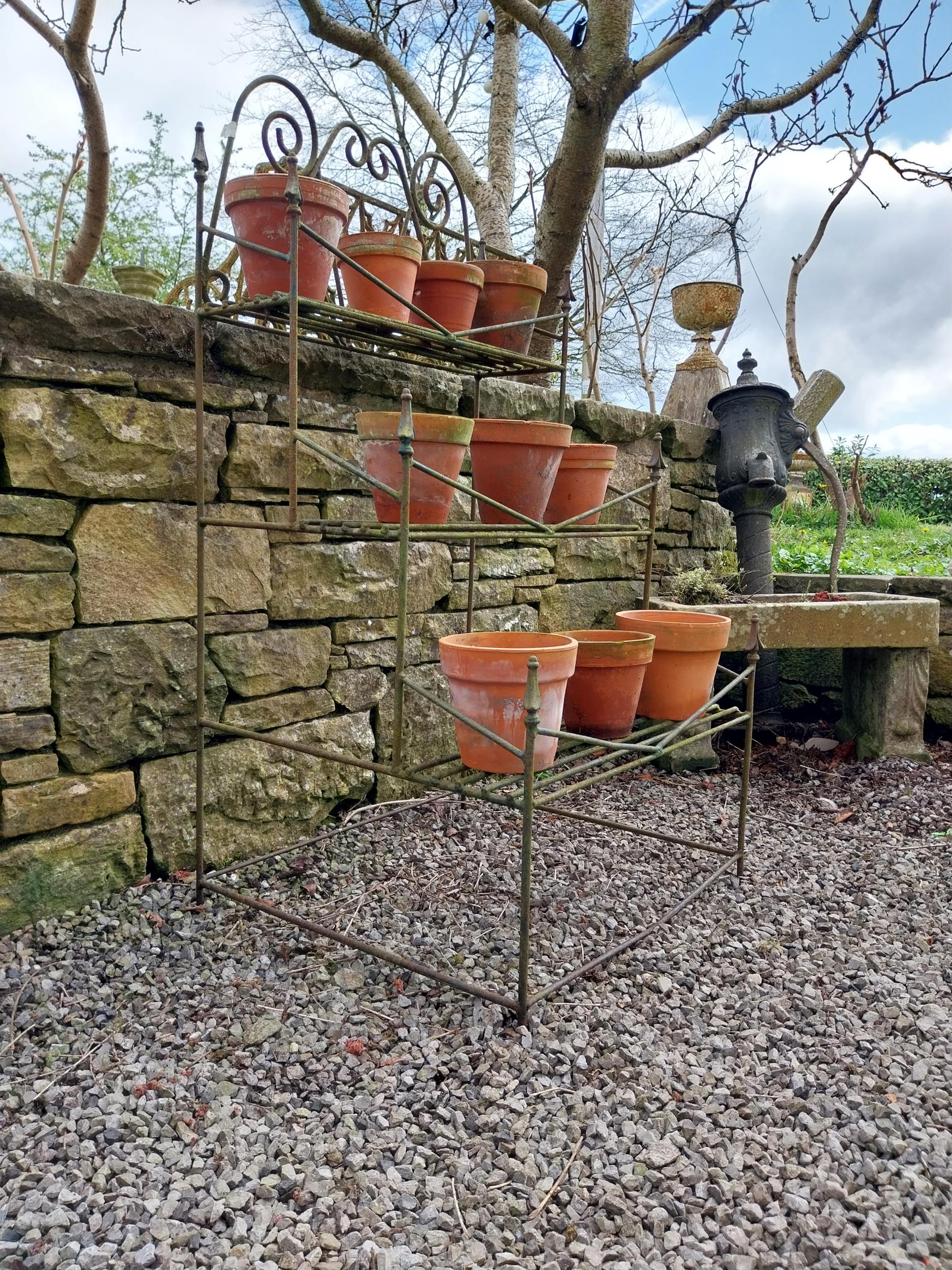 Early 20th C. wrought iron waterfall plant stand {127 cm H x 70 cm W x 64 cm D}. - Image 2 of 6