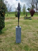 Exceptional quality contemporary bronze sculpture of a Lady signed raised on slate plinth {Overall