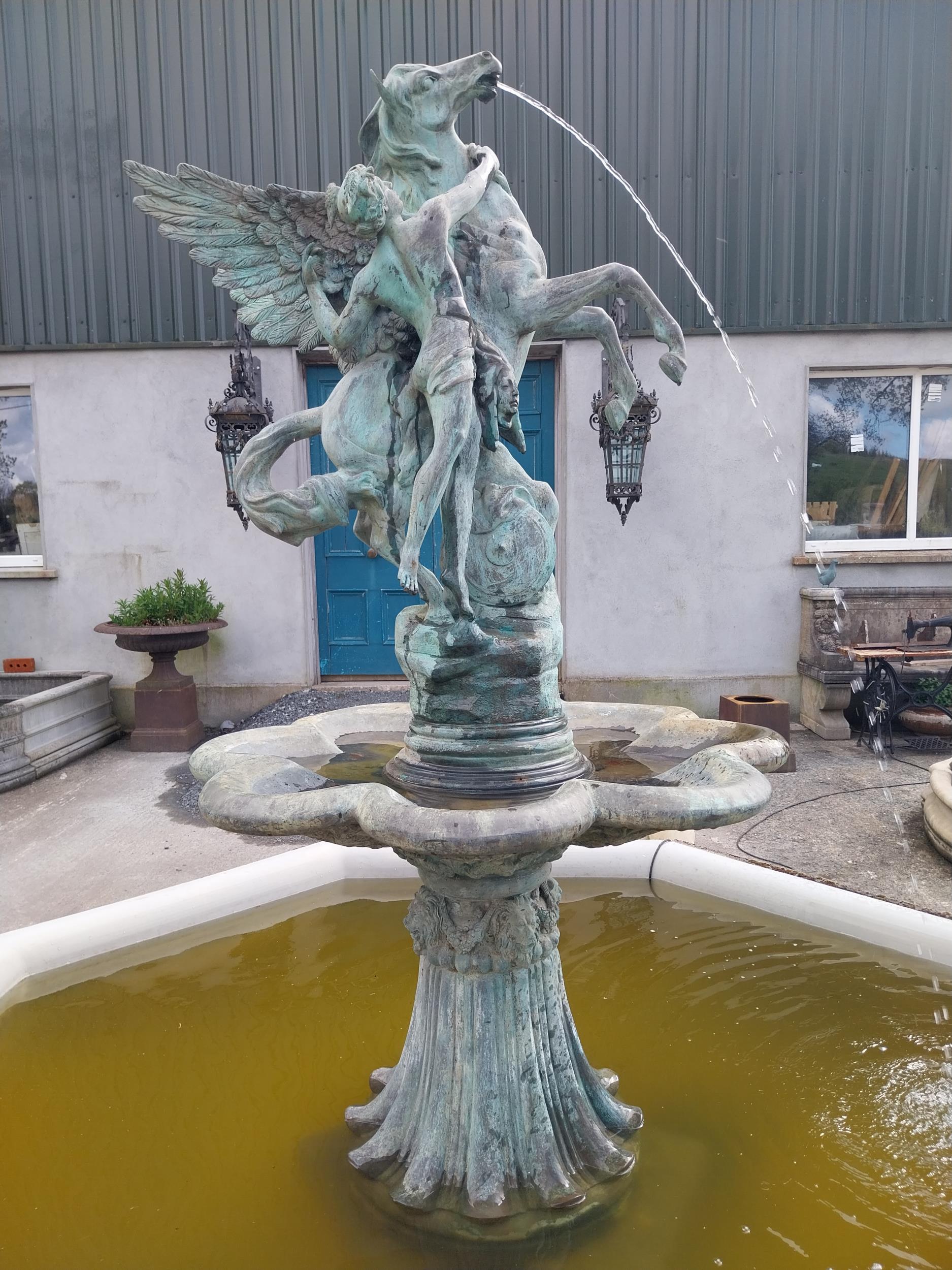 Exceptional quality bronze fountain depicting Mercury mounted Pegasus complete with moulded stone - Image 3 of 8