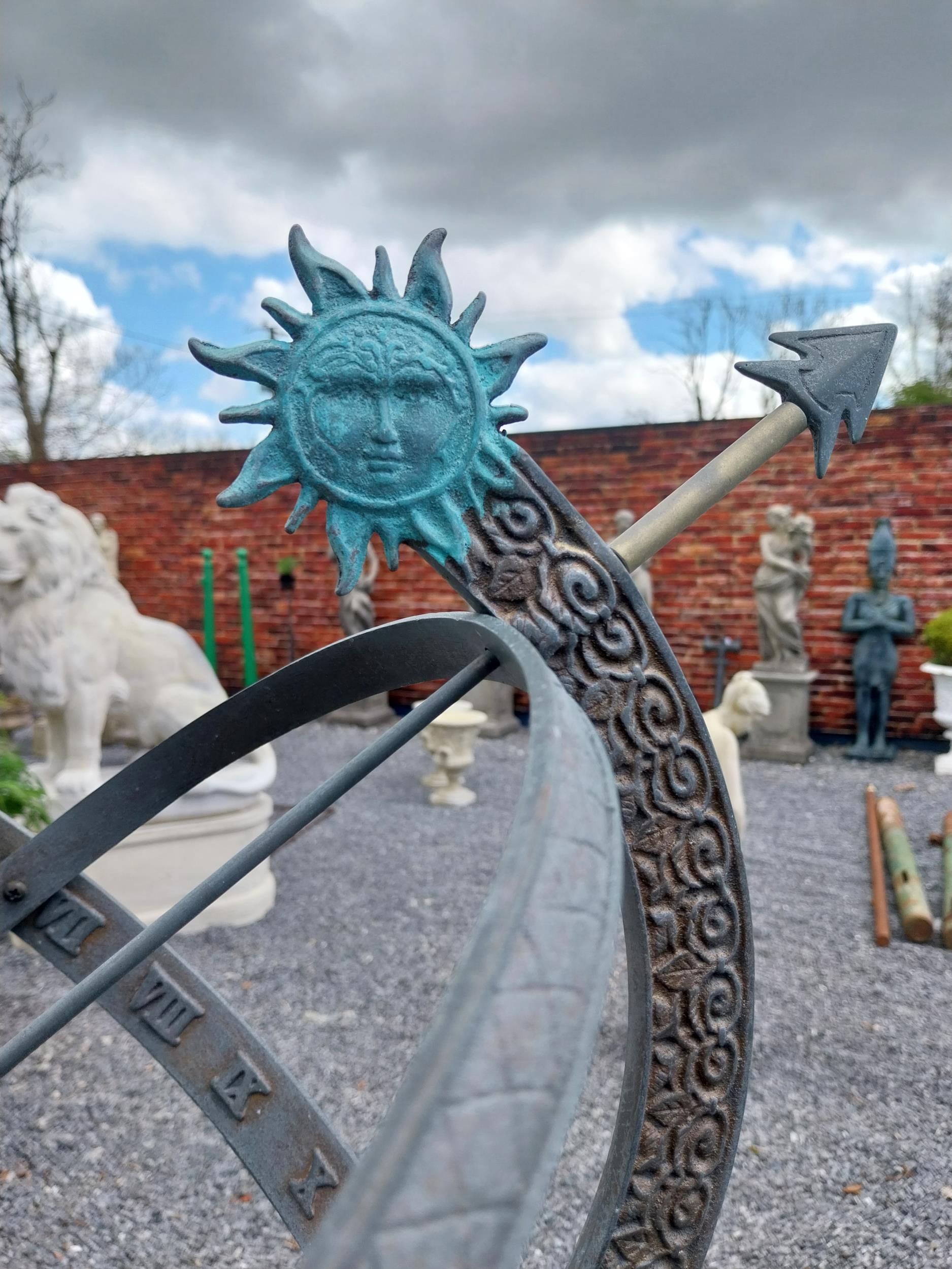 Bronze armillary sundial raised on moulded stone pedestal {150 cm H x 42 cm W x 42 cm D} - Image 6 of 9