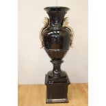 Ornate gold and black Italian hand painted urn raised on base decorated with Acanthus leaves{H 180cm