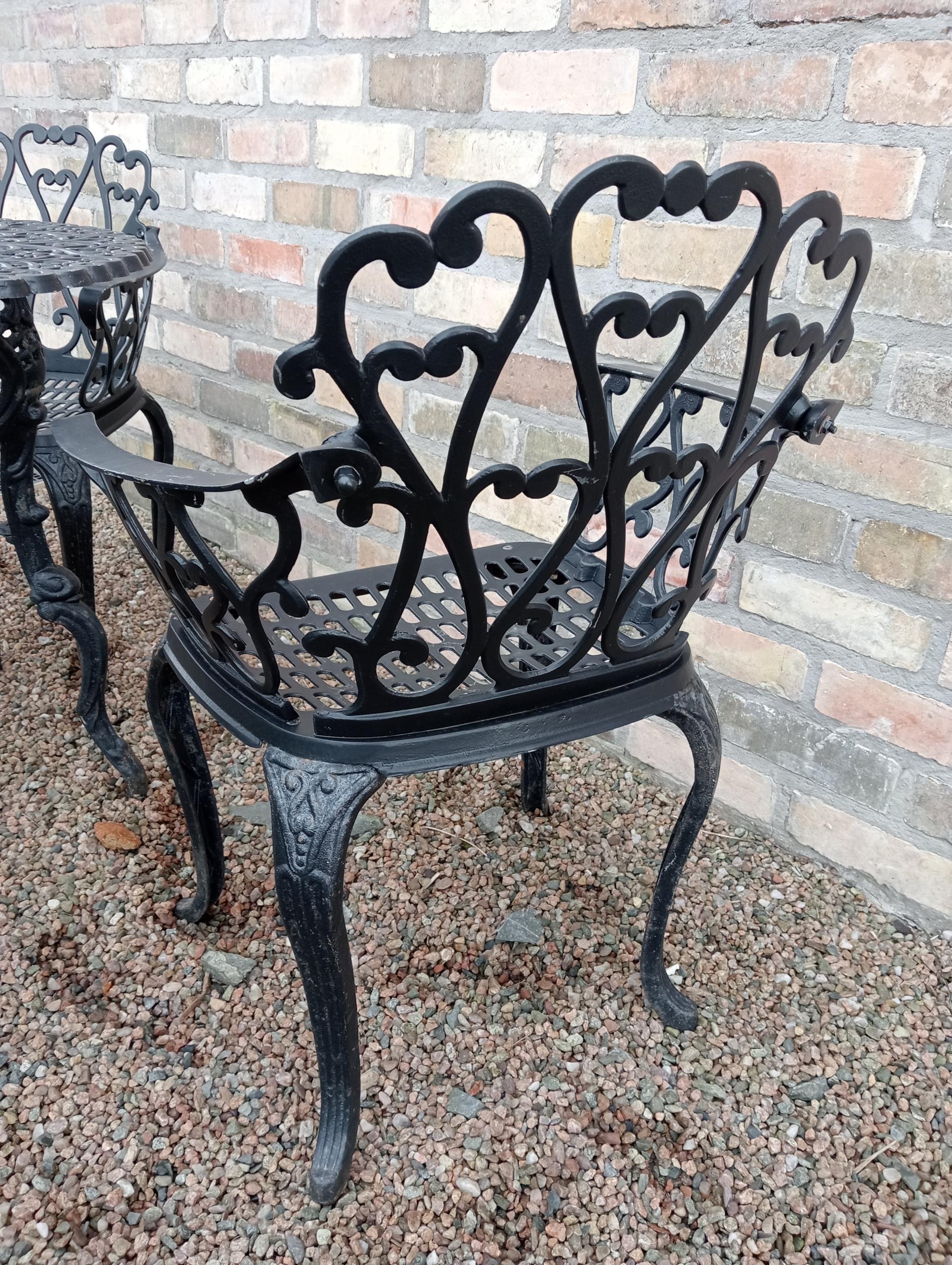 Cast aluminium black garden table four armchairs {Chairs H 80cm x W 58cm x D 50cm Table H 69cm x Dia - Image 5 of 5