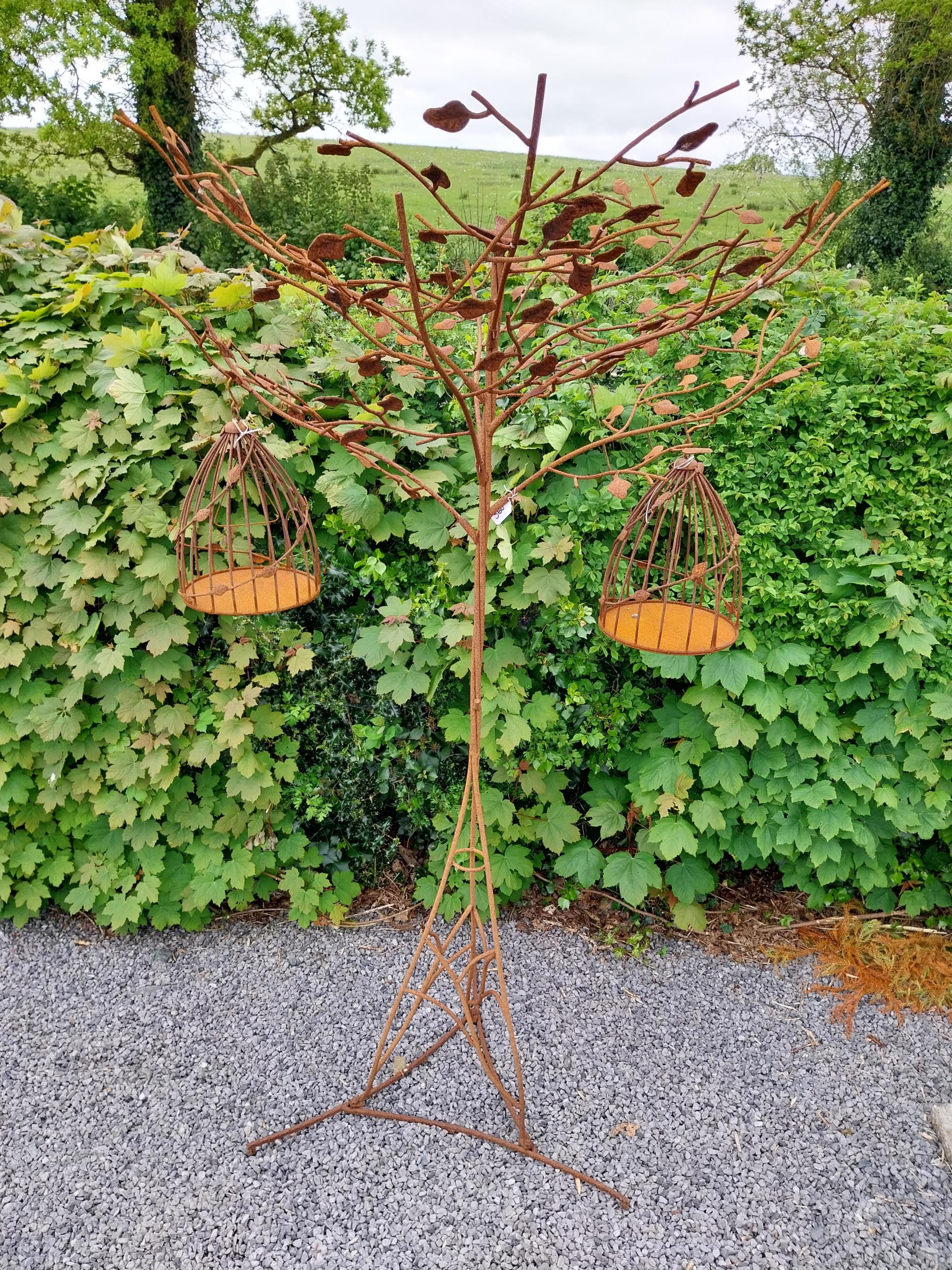 Decorative wrought iron bird feeder in the form of a tree and two hanging bird cages {224 cm H x 135 - Image 11 of 12