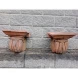 Pair of terracotta pillar caps {H 365cm x W 32cm x D 46cm }. (NOT AVAILABLE TO VIEW IN PERSON)