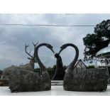 Pair of good quality bronze swan sculpturew in the form of water features {70cm H x 125cm W x 60cm