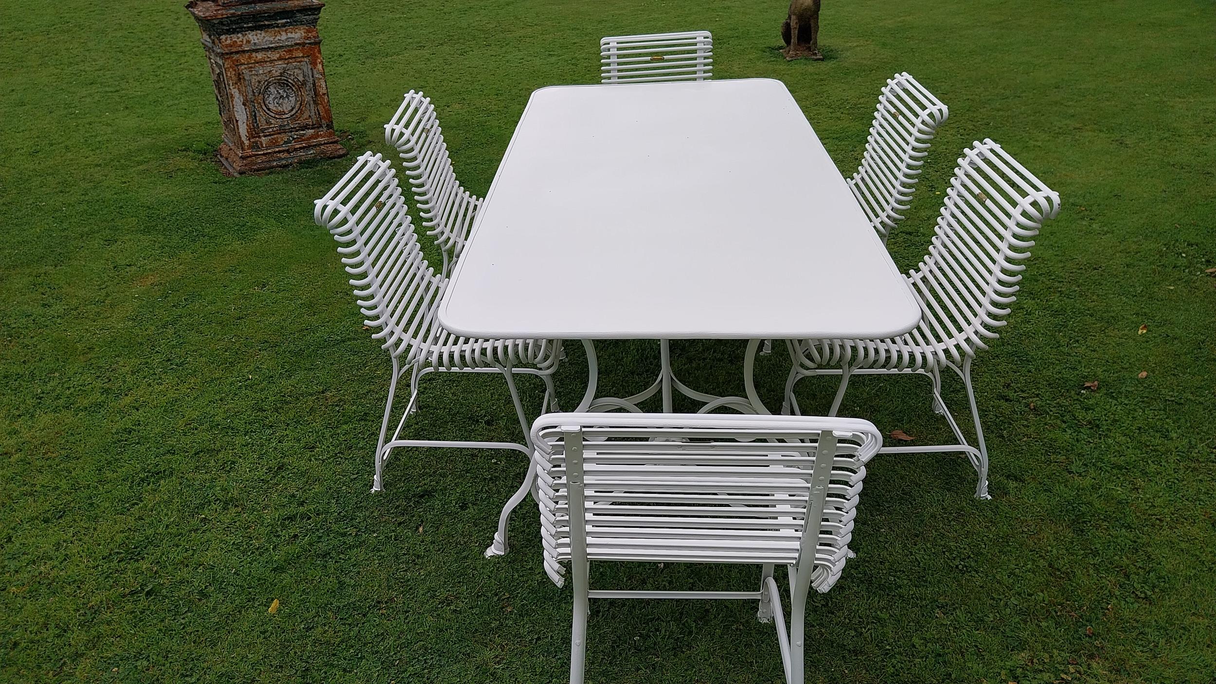 Exceptional quality hand forged wrought iron Arras style garden table and six matching ladder back - Image 8 of 9