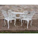 Cast aluminium white garden table four armchairs {Chairs H 80cm x W 58cm x D 50cm Table H 69cm x Dia