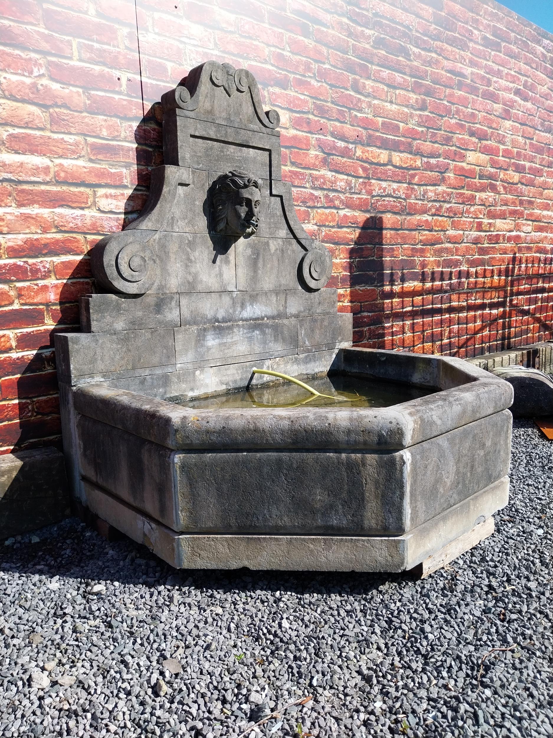 Hand carved limestone wall fountain decorated with Ladies mask {172 cm H x 156 cm W x 127 cm D}. - Image 3 of 6