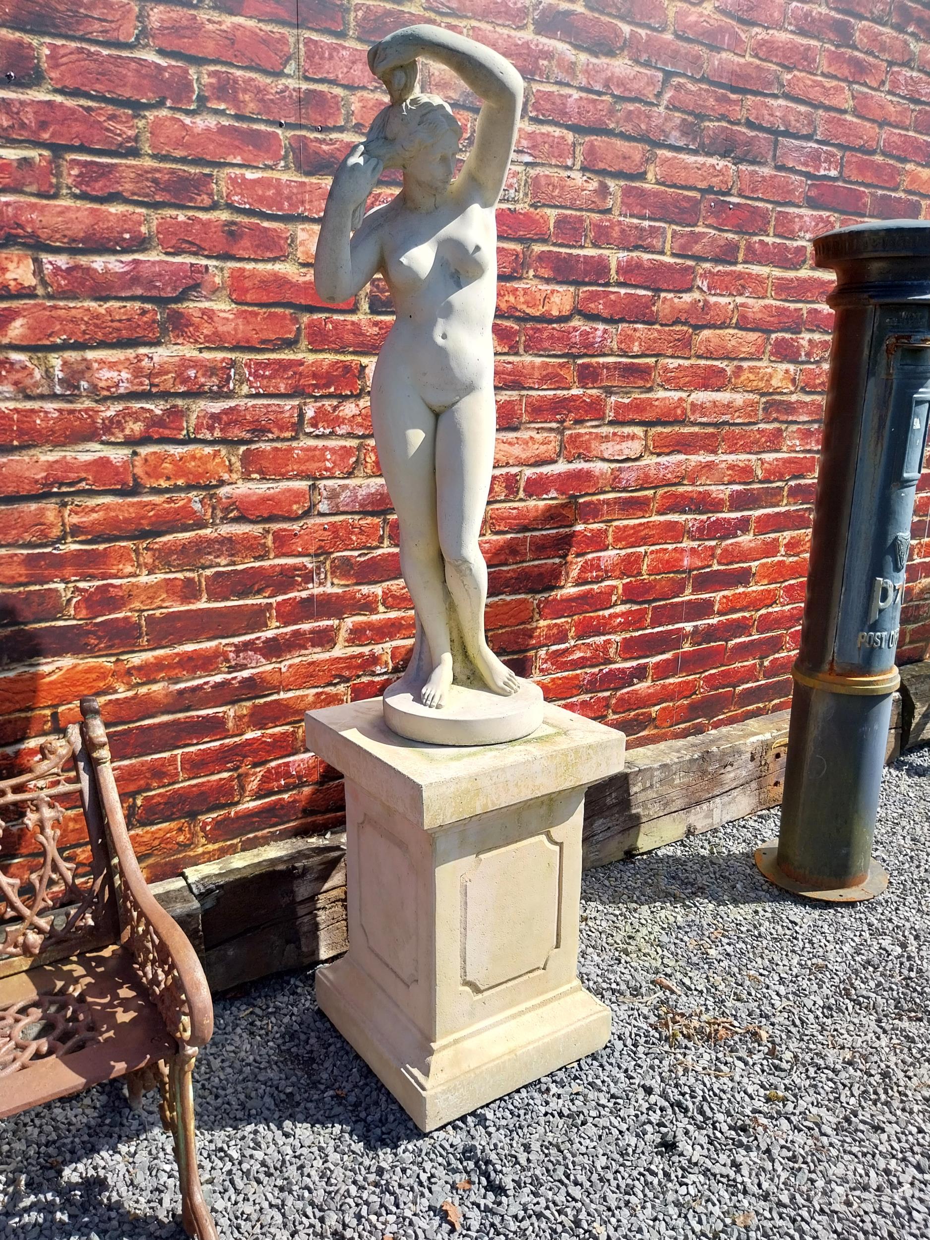 Moulded sandstone statue of a Grecian Lady raised on pedestal {192 cm H x 47 cm W x 47 cm D}. - Image 2 of 13