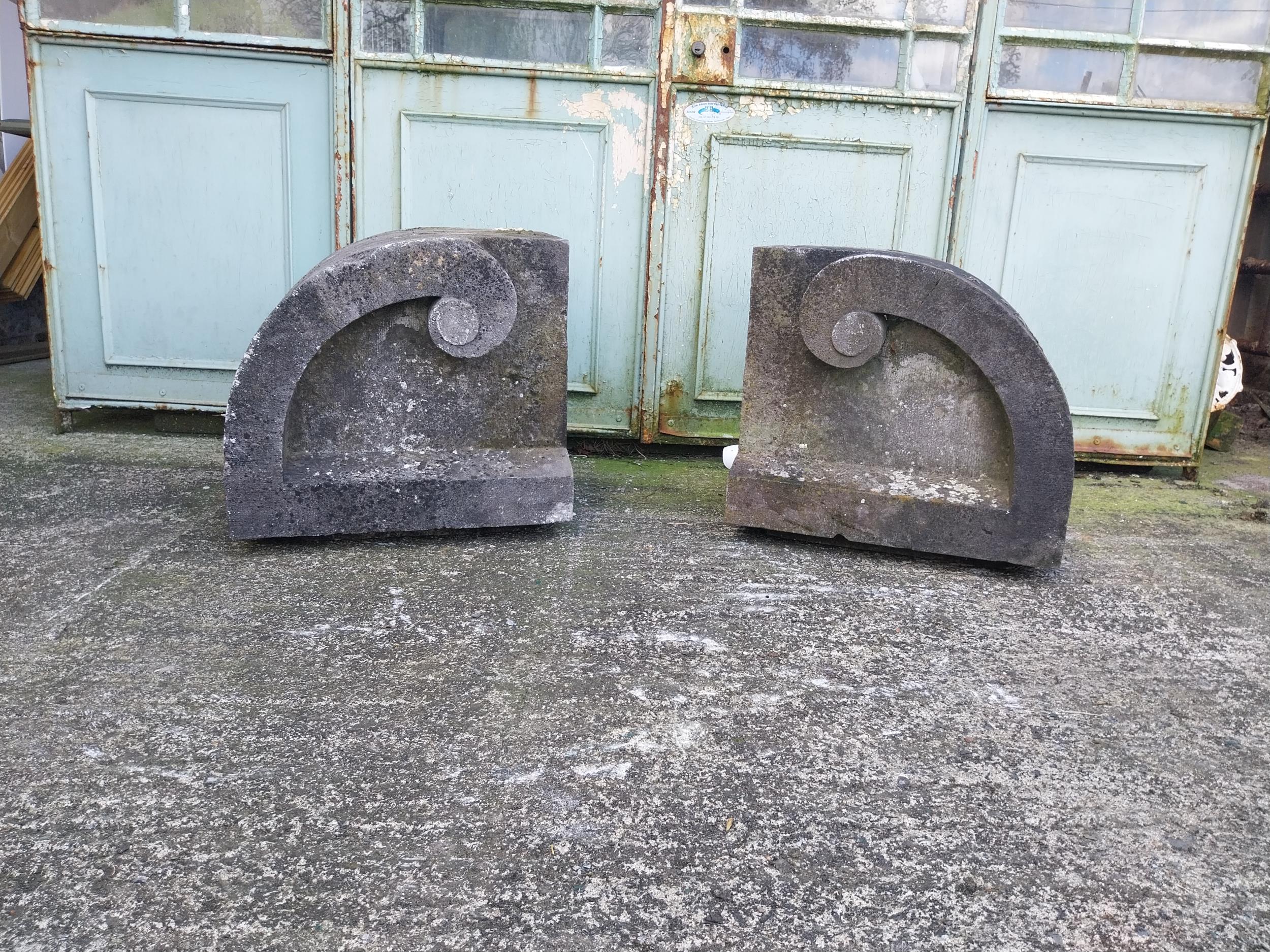 Pair of 19th C. carved limestone pier caps {52 cm H x 58 cm W x 40 cm D}.