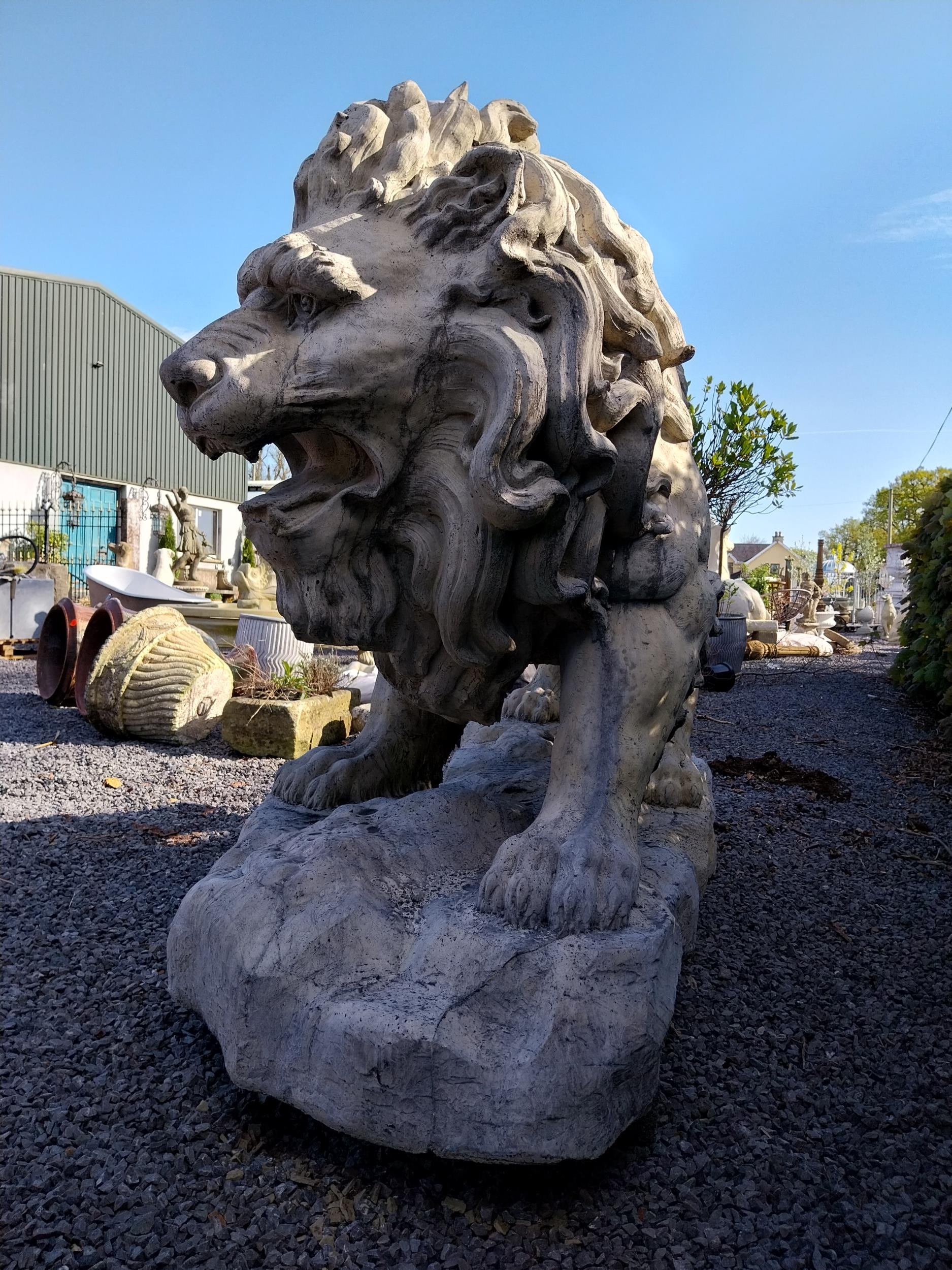 Pair of exceptional quality moulded sandstone majestic Lions {132 cm H x 210 cm W x 80 cm D}. - Image 8 of 16