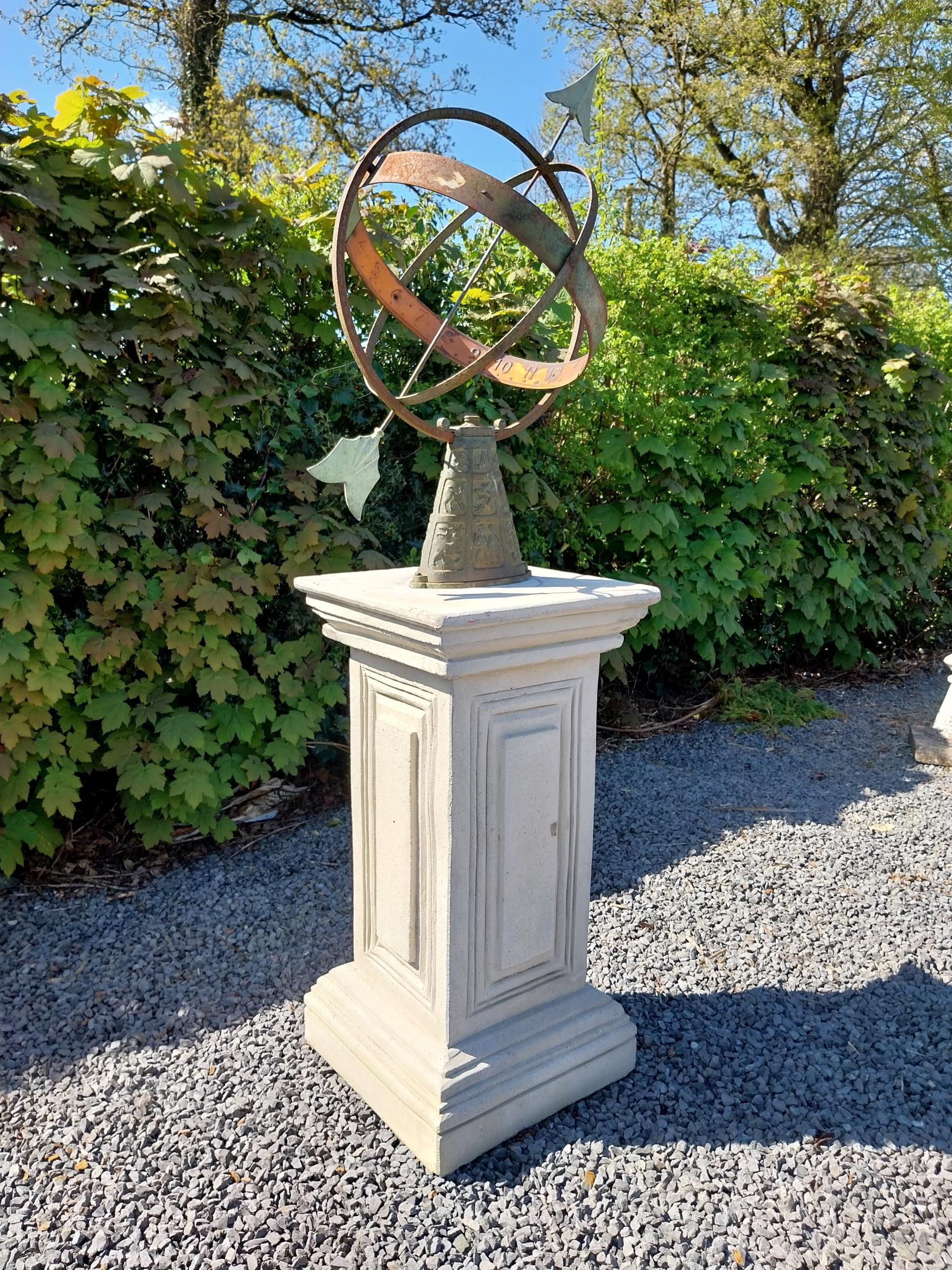 Copper and metal Armorial sundial raised on moulded sandstone pedestal {158 cm H x 40 cm W x 40 cm - Image 3 of 10