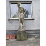 Early 20th C. moulded stone statue of Grecian Lady raised on 19th C. sandstone pedestal {210 cm H