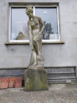Early 20th C. moulded stone statue of Grecian Lady raised on 19th C. sandstone pedestal {210 cm H