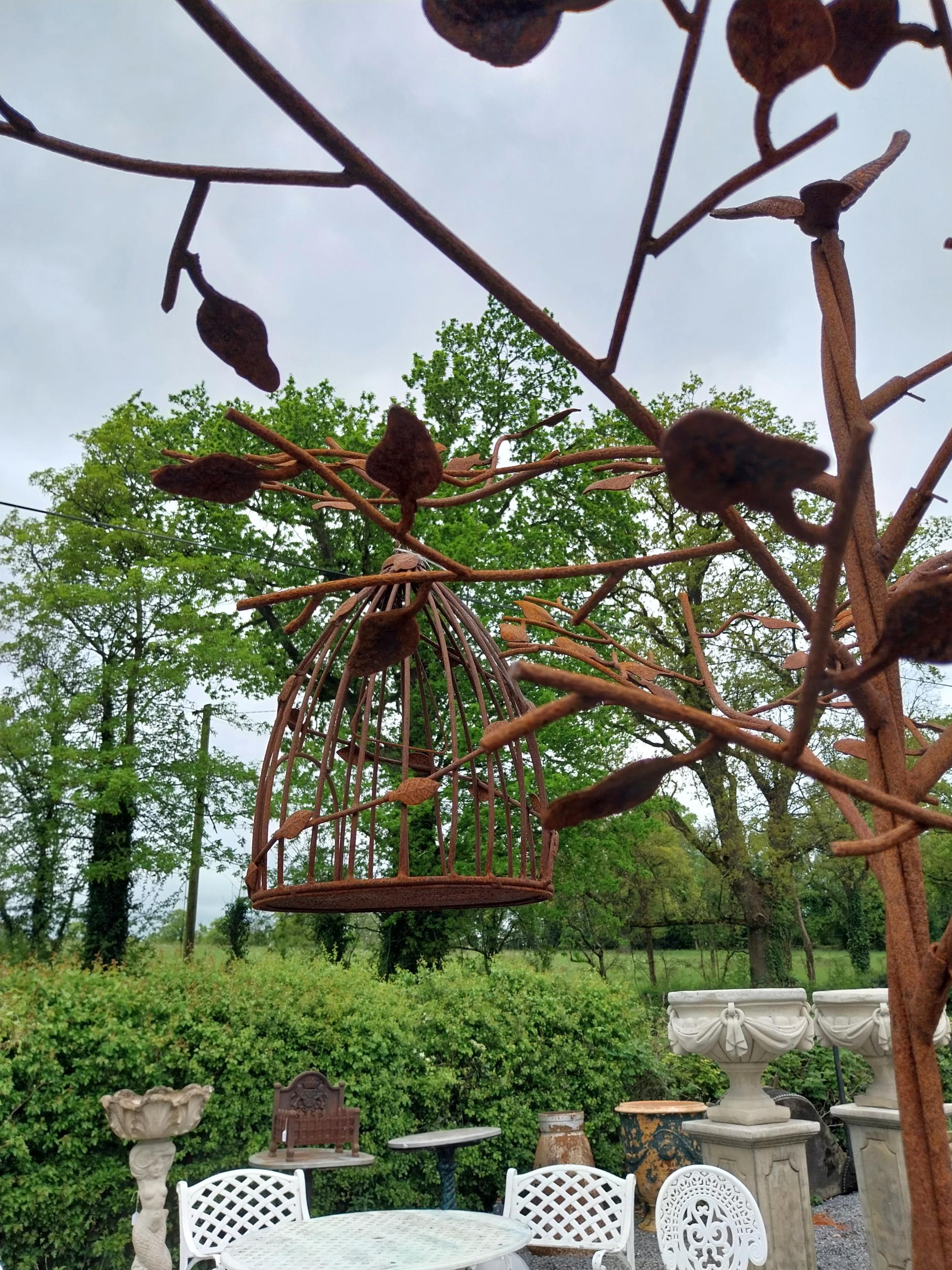 Decorative wrought iron bird feeder in the form of a tree and two hanging bird cages {224 cm H x 135 - Image 10 of 13