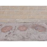 Three cast iron manhole covers {two covers Dia 50cm x One at 30 cm Dia.}. (NOT AVAILABLE TO VIEW