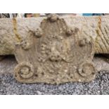 Good quality aged moulded sandstone Lions mask wall plaque {53 cm H x 50 cm W x 9 cm D}.