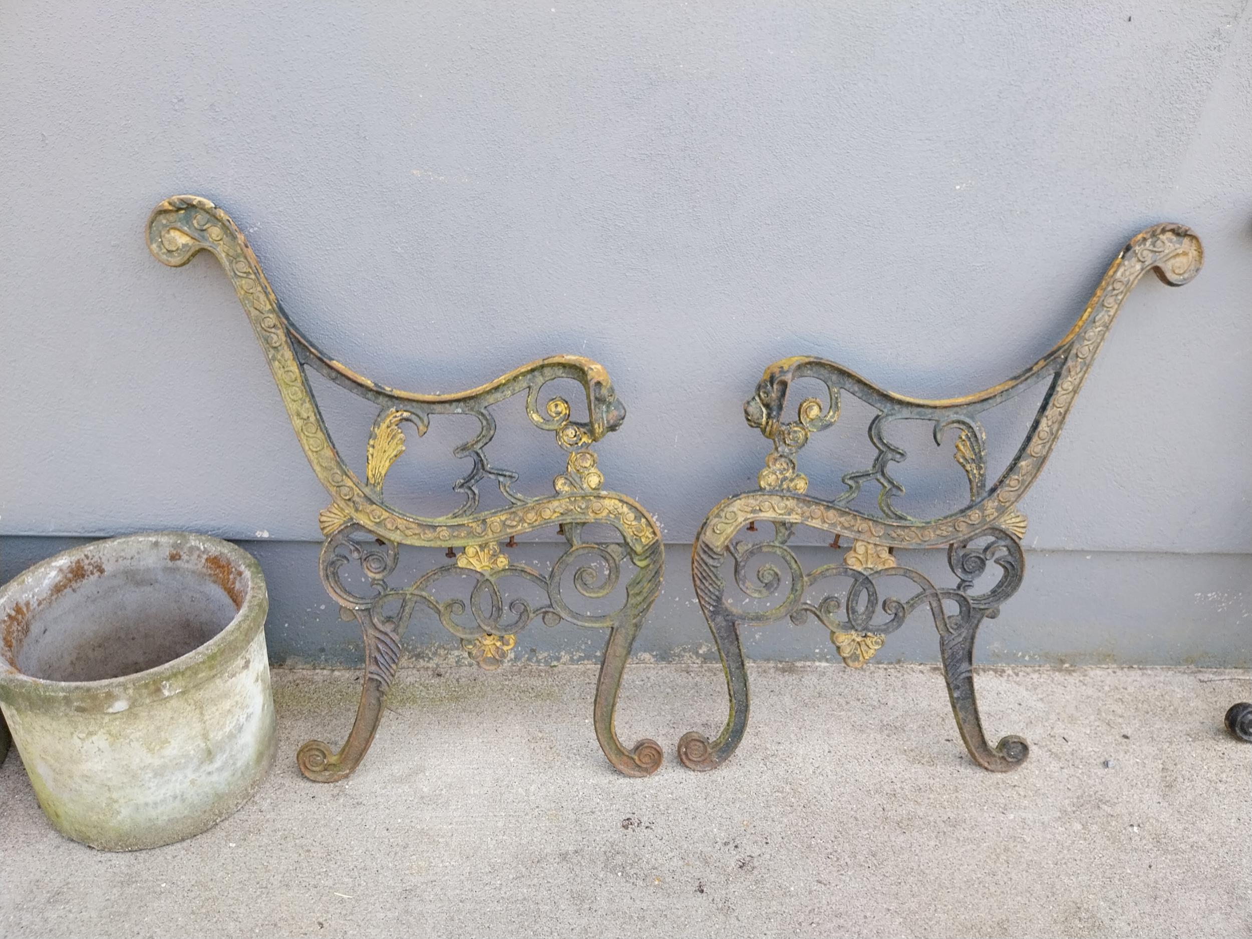 Pair of decorative cast iron seat ends {74 cm H x 66 cm W}.