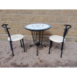 Cast iron table mosaic top and two metal chairs with leather seats {Table H 72cm x Dia 70cm Chairs H