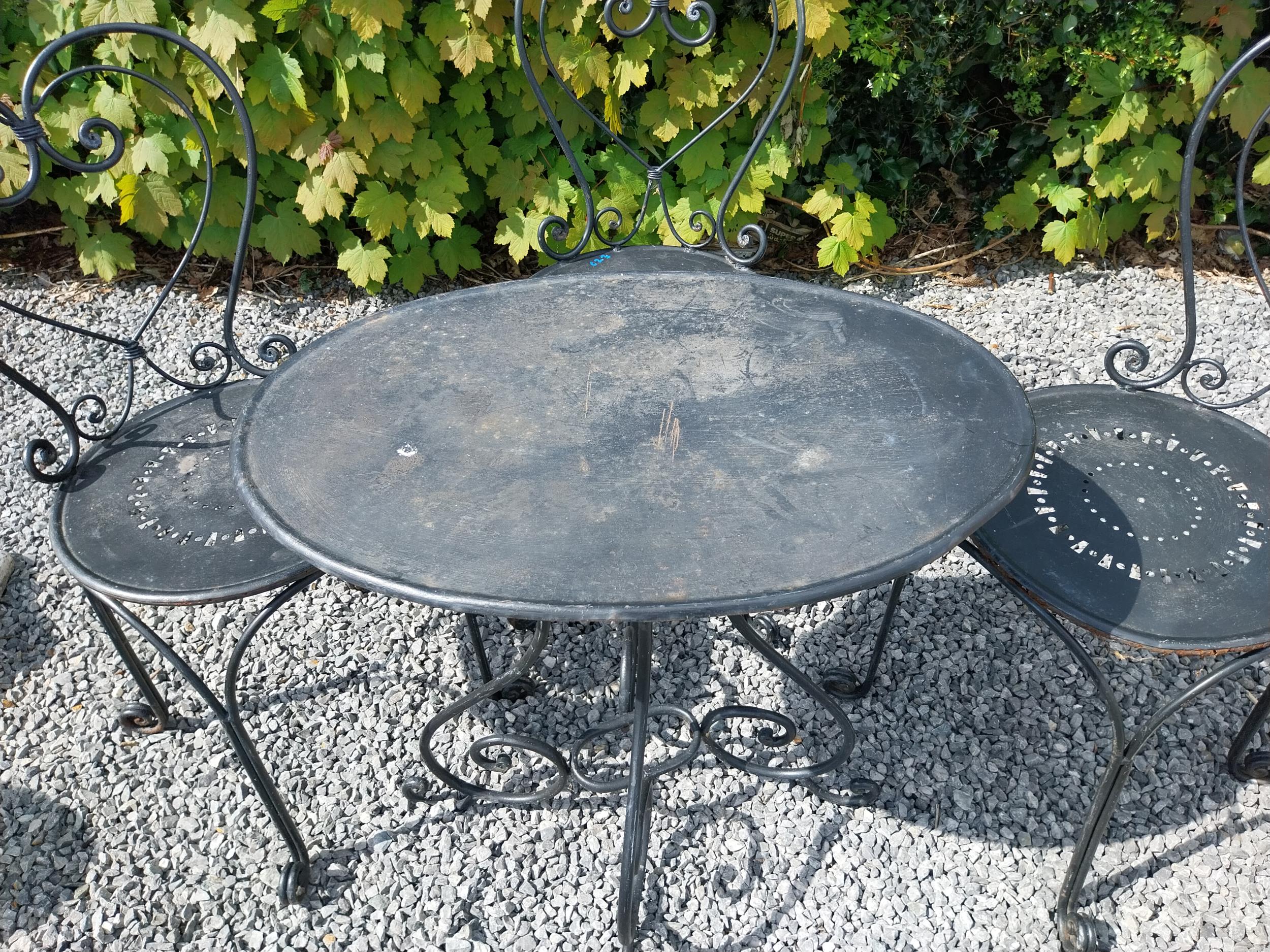 Wrought iron garden table with three matching chairs {Tbl. 65 cm H x 65 cm Dia. and Chairs 82 cm H x - Image 5 of 11