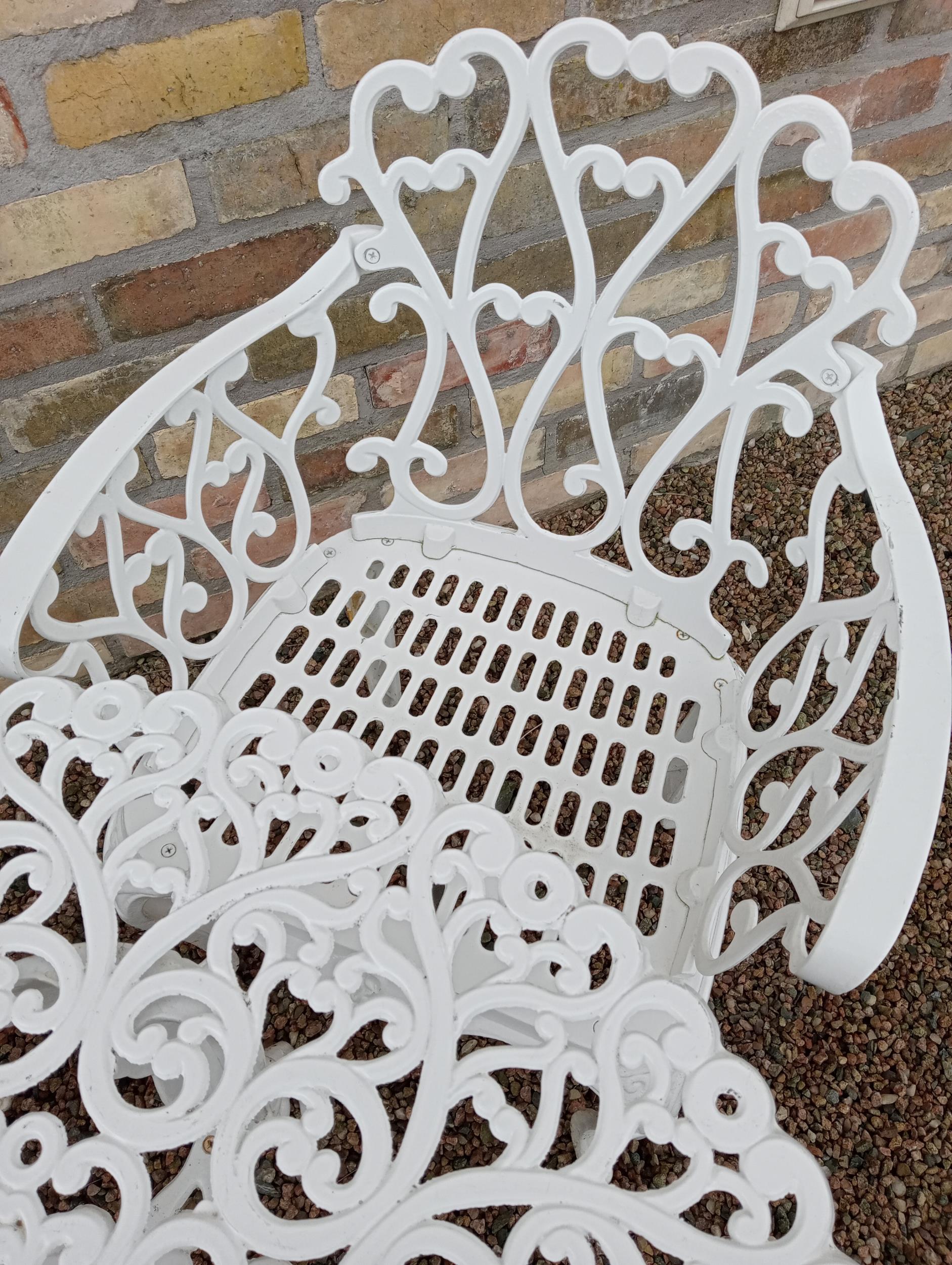 Cast aluminium white garden table four armchairs {Chairs H 80cm x W 58cm x D 50cm Table H 69cm x Dia - Image 3 of 6
