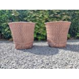 Pair of moulded terracotta circular lattice urns {53 cm H x 54 cm Dia.}.