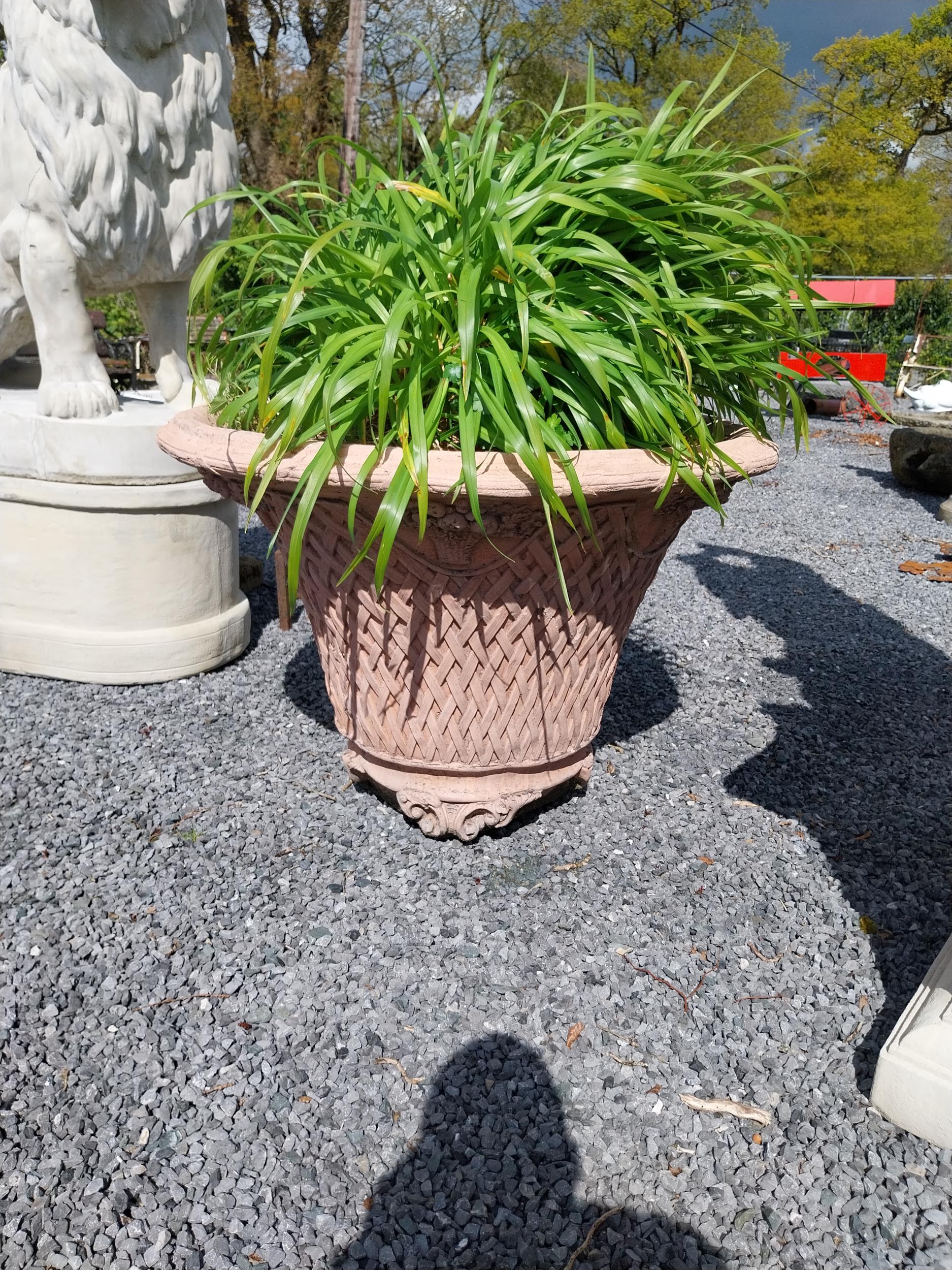 Pair of moulded terracotta lattice urns {79 cm H x 100 cm Dia.}. - Image 7 of 8