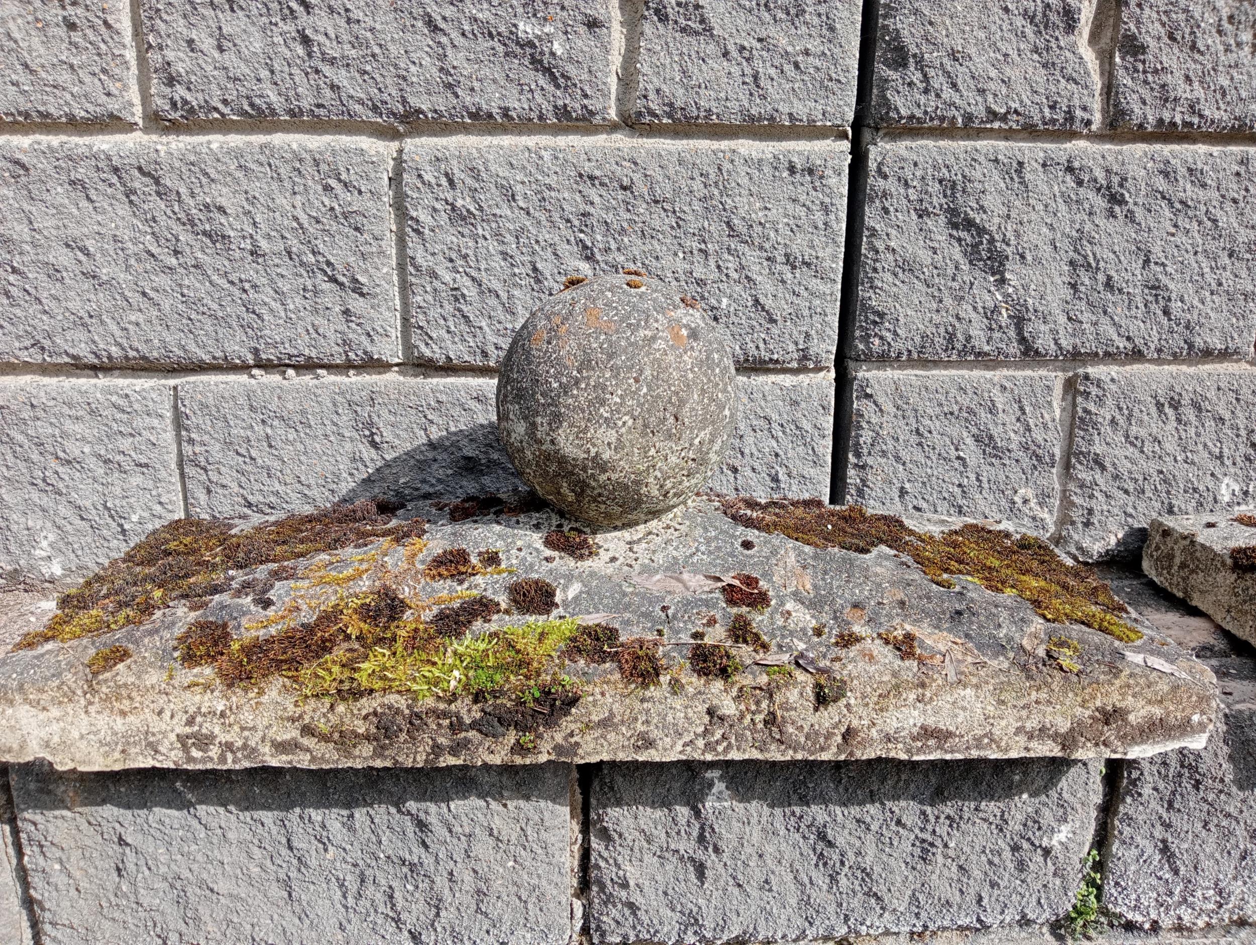 Pair of composition stone wall finials with sphere tops {H 40cm x W 90cm x D 35cm }. (NOT - Image 2 of 5