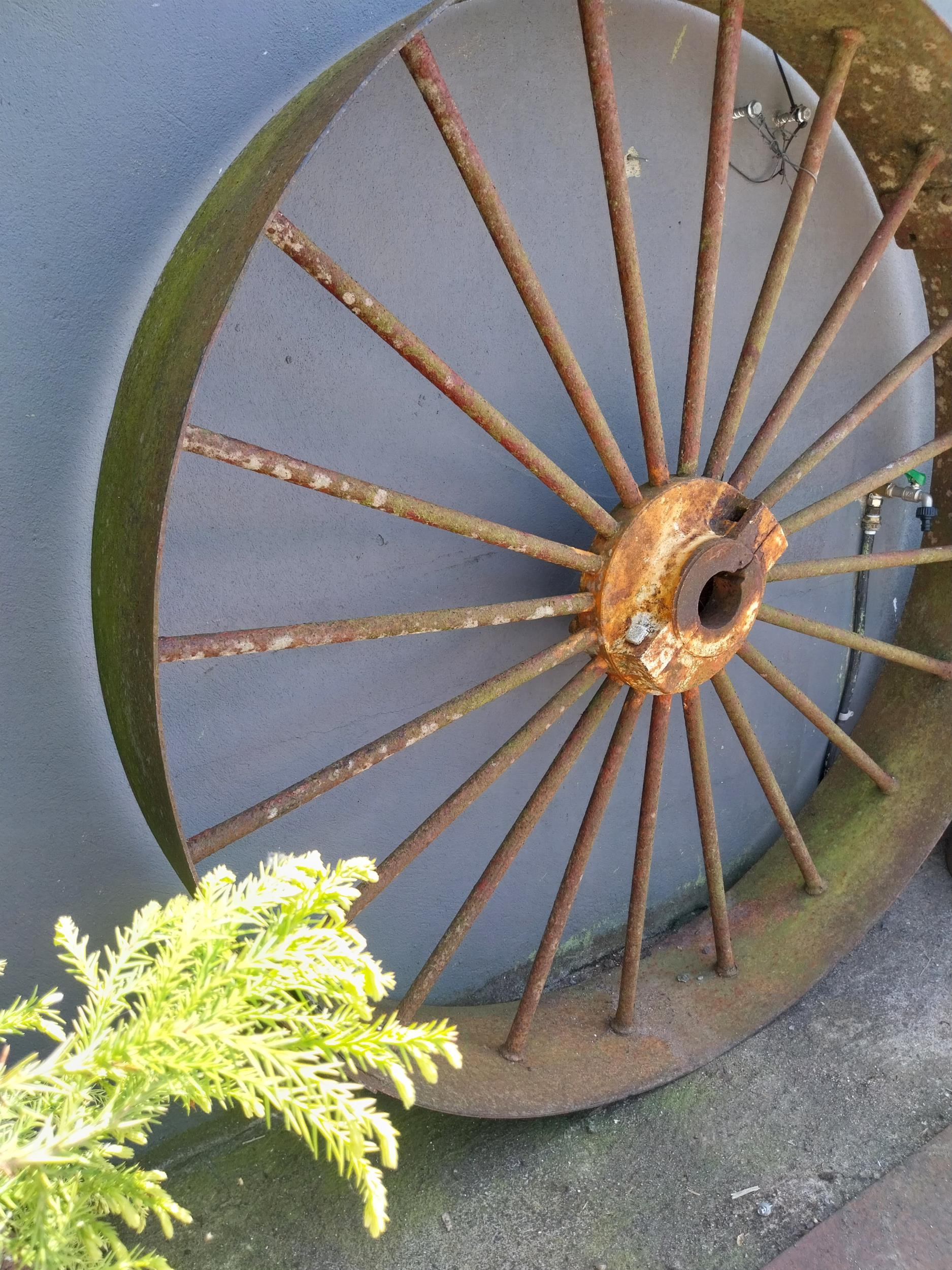 Pair of early 20th C. wrought iron machine wheels {23 cm D x 167 cm Dia.}. - Image 2 of 4