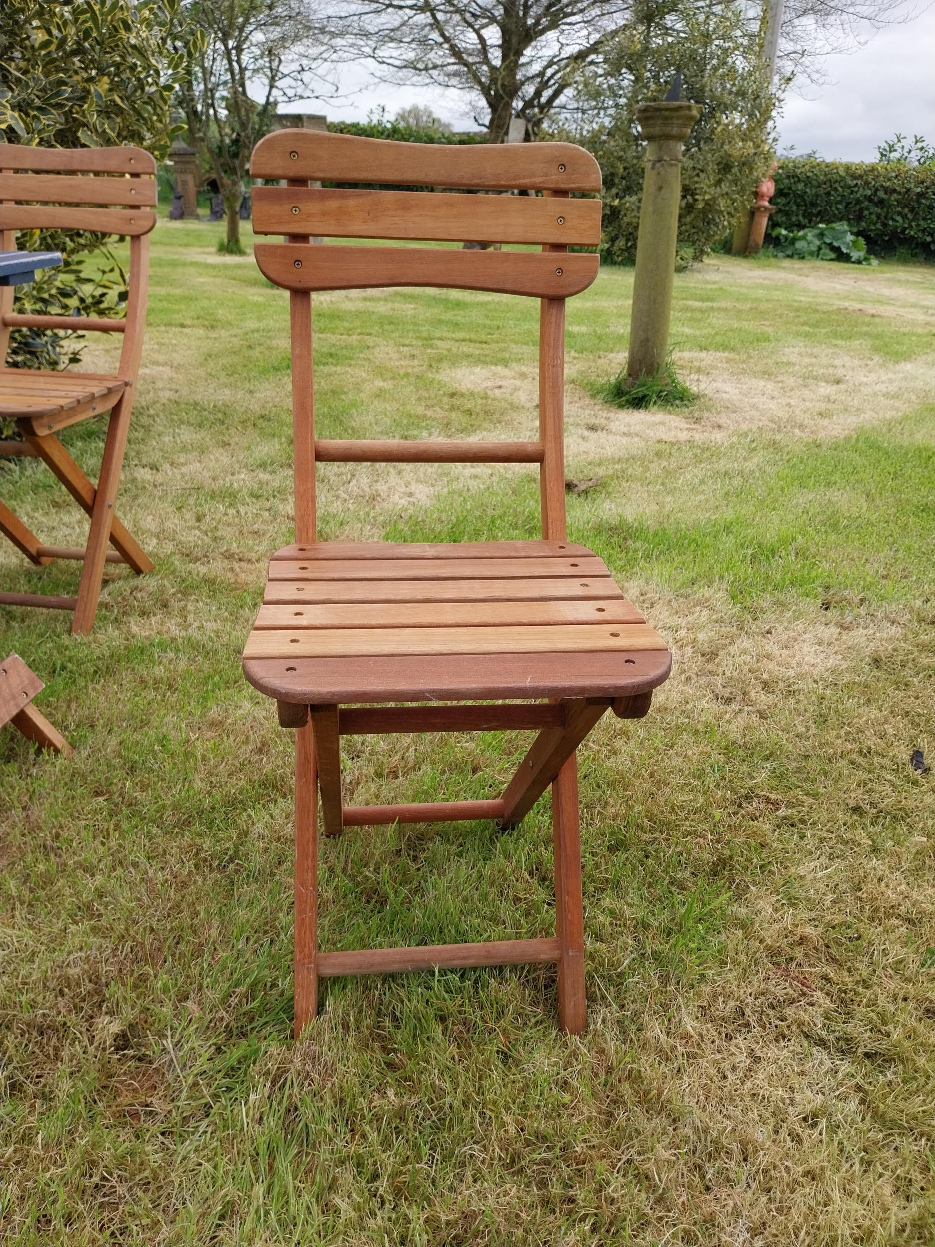 Good quality teak folding garden table with three matching garden chairs {Tbl. 71 cm H x 68 cm W x - Image 7 of 9