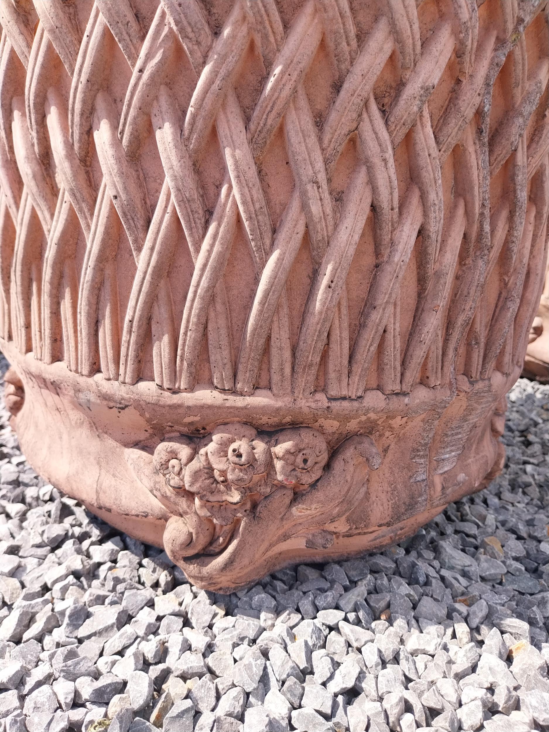 Pair of moulded terracotta circular lattice urns {53 cm H x 54 cm Dia.}. - Image 4 of 6