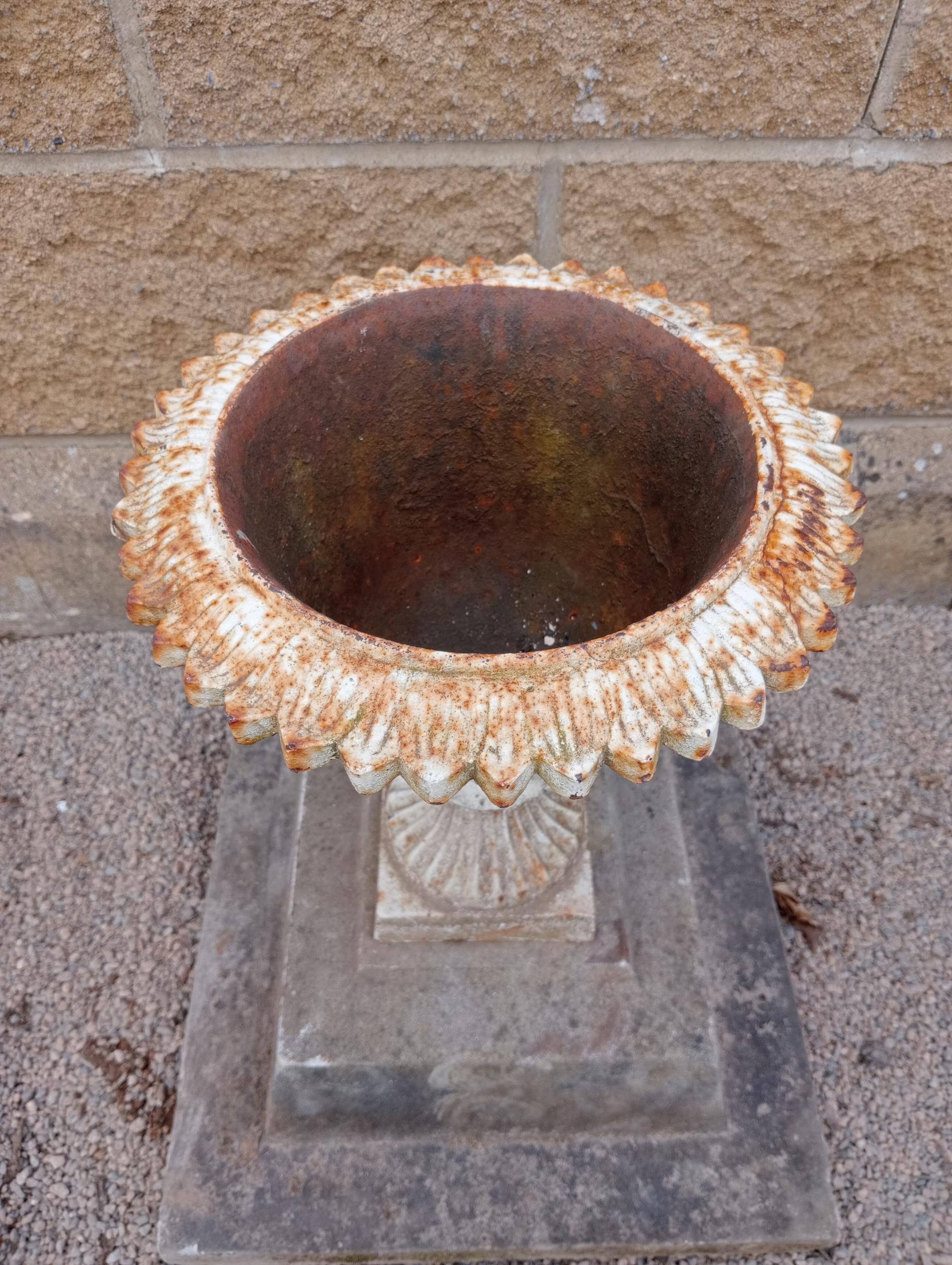 Cast iron urn on stone base {H 50cm x W 43cm x D 43cm }. (NOT AVAILABLE TO VIEW IN PERSON) - Image 3 of 3