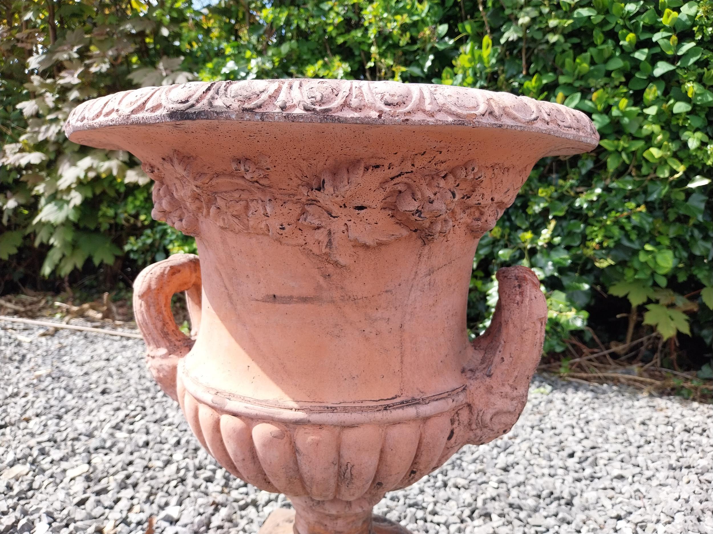 Pair of moulded terracotta lattice urns ivy leaf decoration {56 cm H x 46 cm Dia.}. - Image 7 of 8