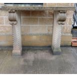 Sandstone chimney piece with scroll and corbel design{H 120cm x W 140cm x D 45cm }. (NOT AVAILABLE