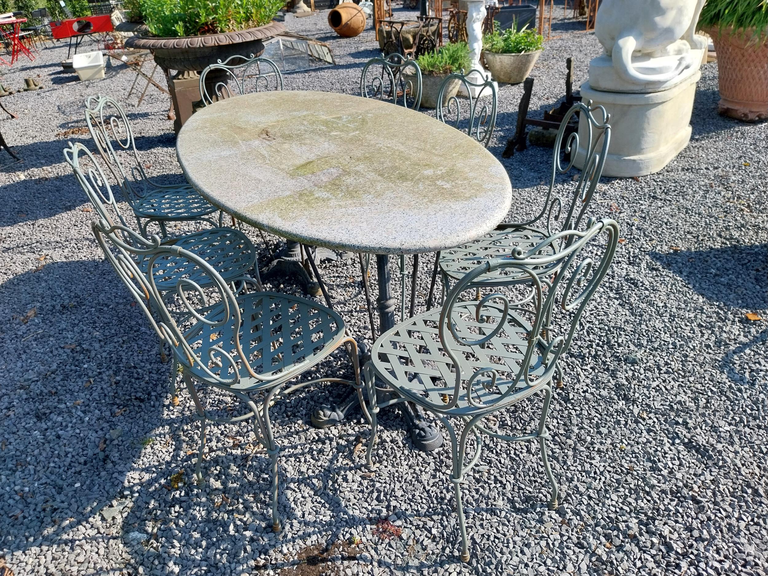 Cast iron garden table with marble top and eight good quality wrought iron garden chairs {Tbl. 75 cm - Image 2 of 6