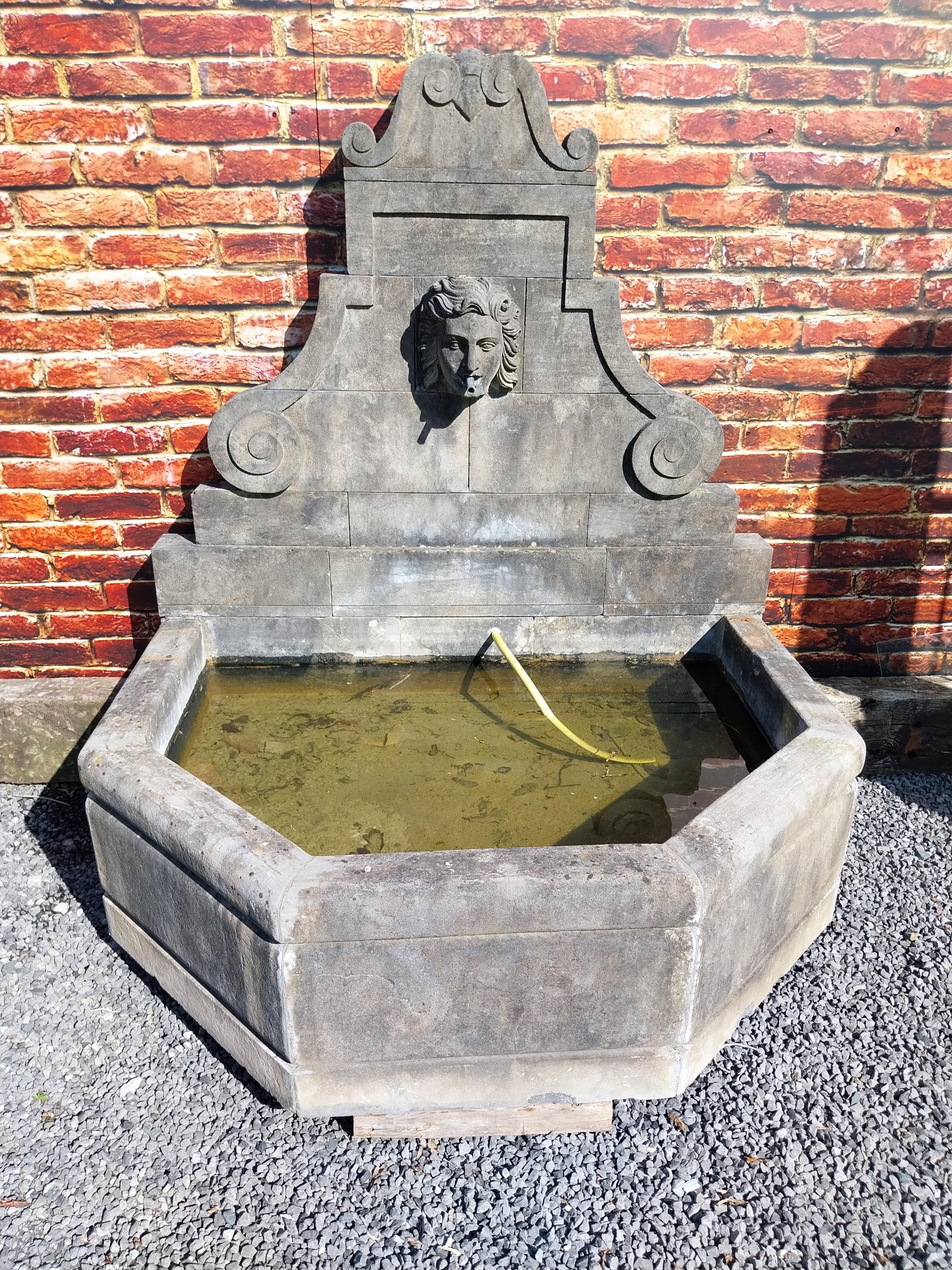 Hand carved limestone wall fountain decorated with Ladies mask {172 cm H x 156 cm W x 127 cm D}. - Image 2 of 6