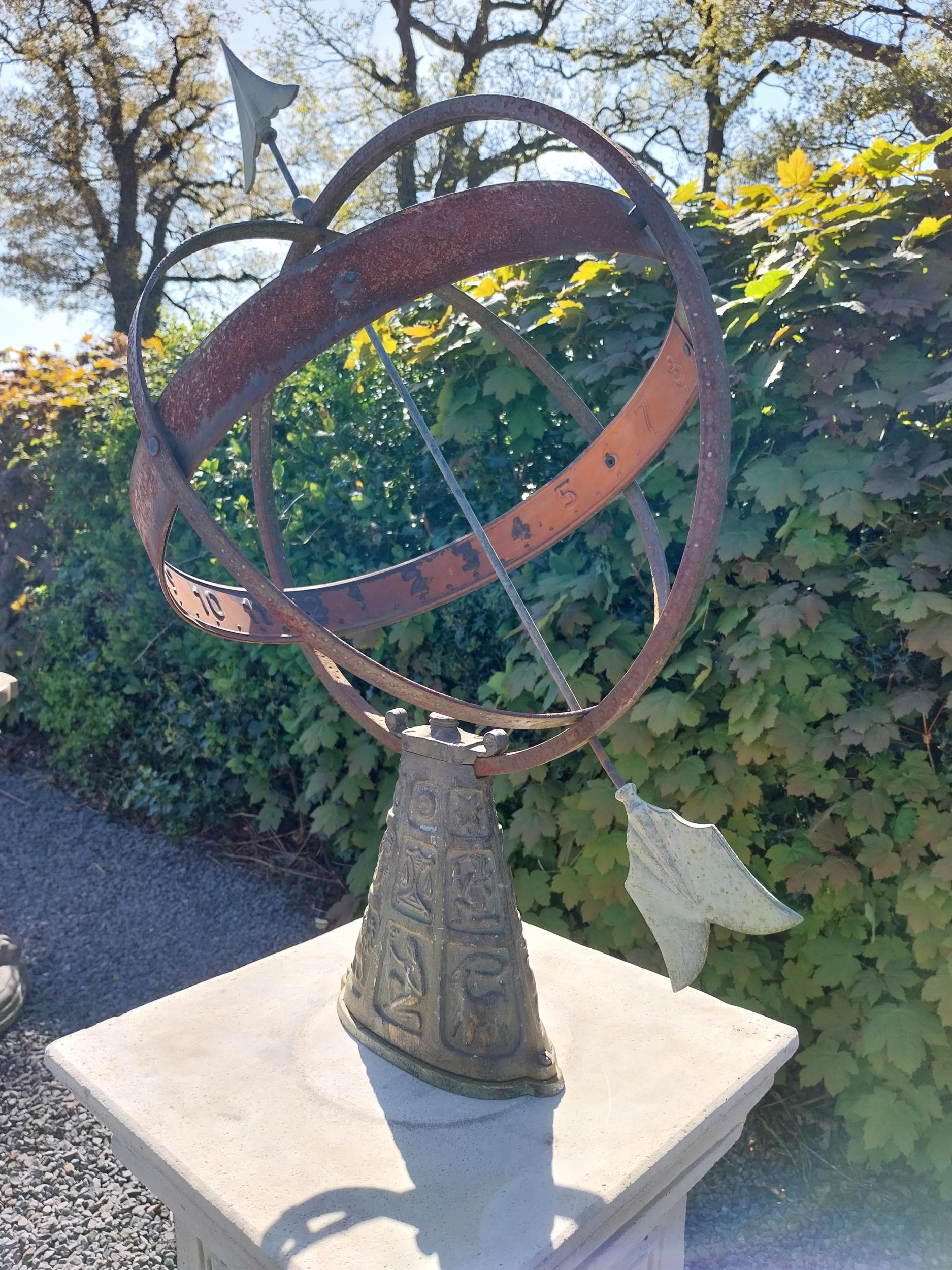 Copper and metal Armorial sundial raised on moulded sandstone pedestal {158 cm H x 40 cm W x 40 cm - Image 10 of 10