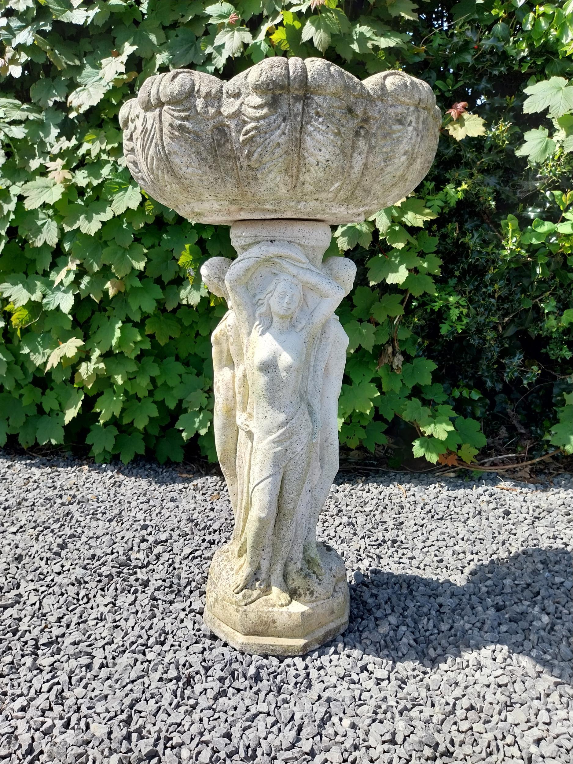 1950s painted composition bird bath held aloft by three Grecian ladies {84 cm H x 46 cm Dia.}.