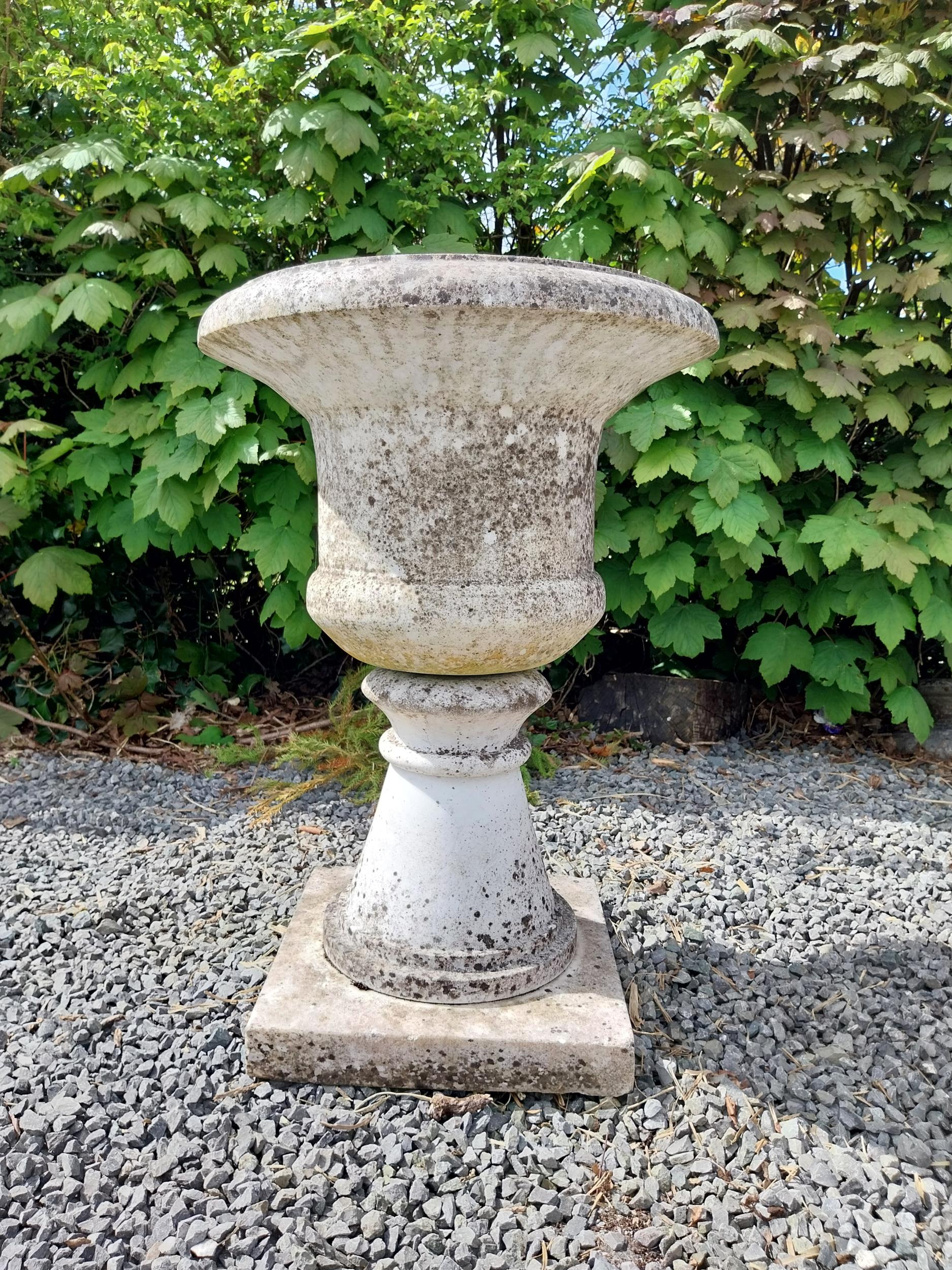 Victorian carved Carrara marble urn on pedestal {72 cm H x 49 cm Dia.}. - Image 2 of 6