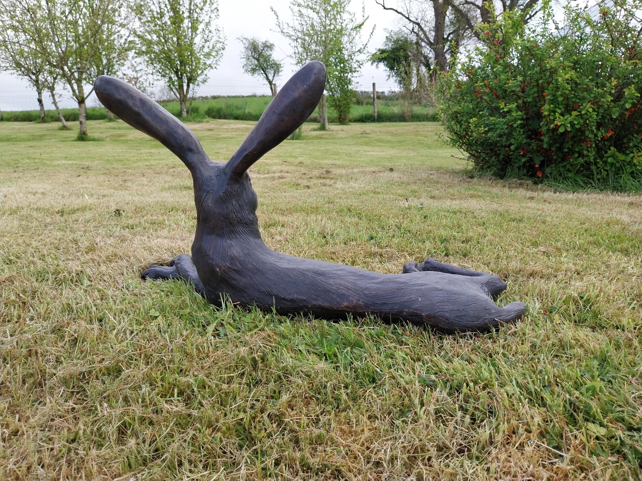 Exceptional quality bronze statue of a lying Hare with ears up {61 cm H x 35 cm W x 20 cm D}. - Image 5 of 5