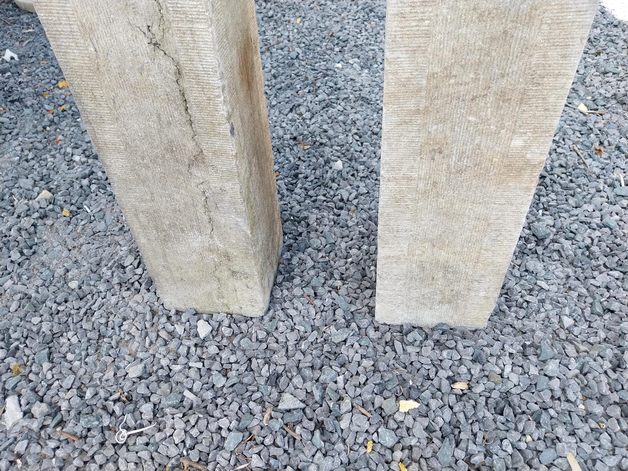 Pair of 19th C. hand-cut limestone bollards with wrought iron tops {72 cm H x 21 cm W x 21 cm D}. - Image 3 of 3