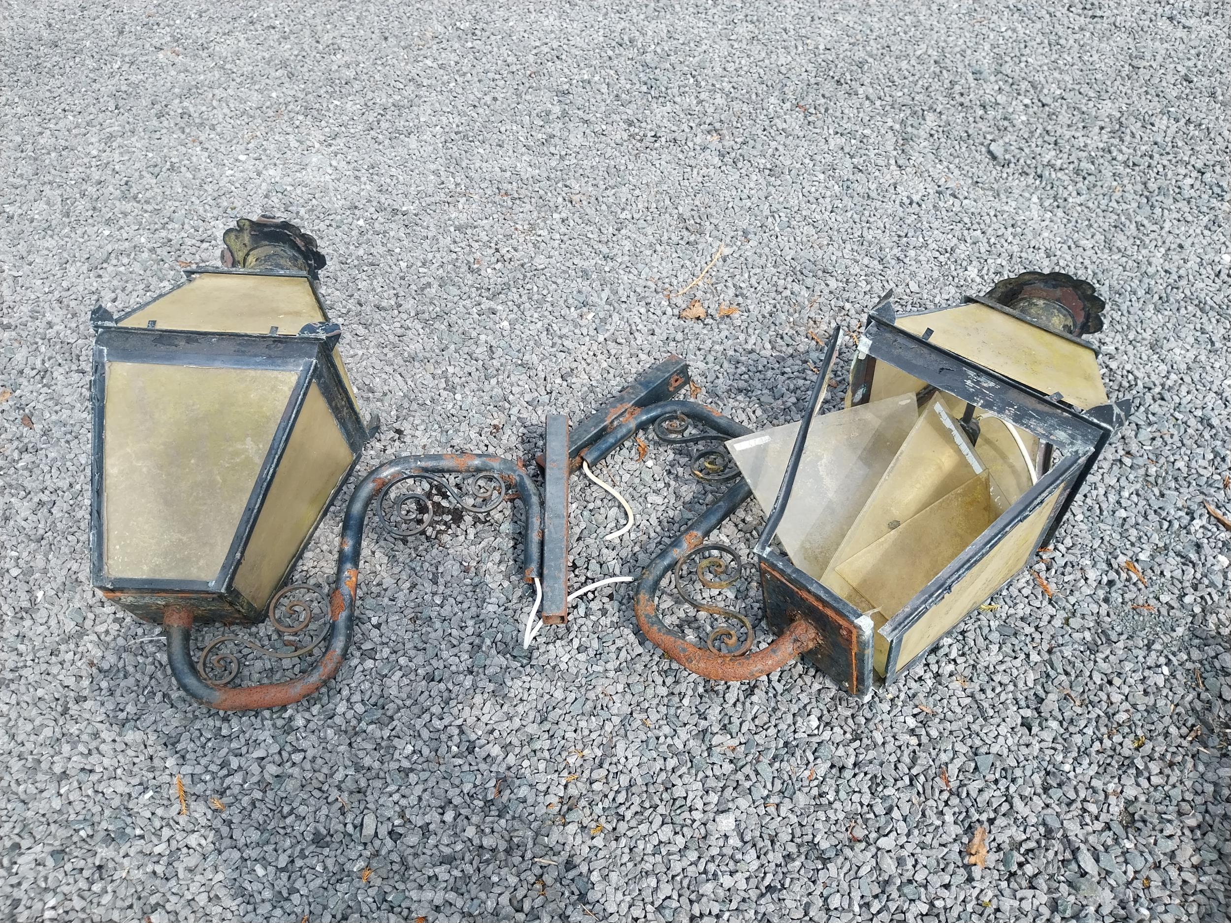 Pair of painted copper wall lanterns with metal bracket - in need of restoration {94 cm H x 80 cm