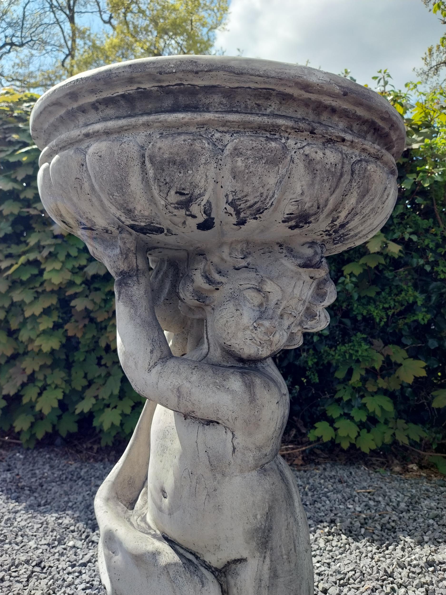 Moulded stone bird bath held of loft by Cherub {91 cm H x 49 cm Dia.}. - Image 4 of 9