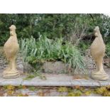 Pair of composition stone statues of Cockerels {H 70cm x W 20cm x D 50cm}. (NOT AVAILABLE TO VIEW IN