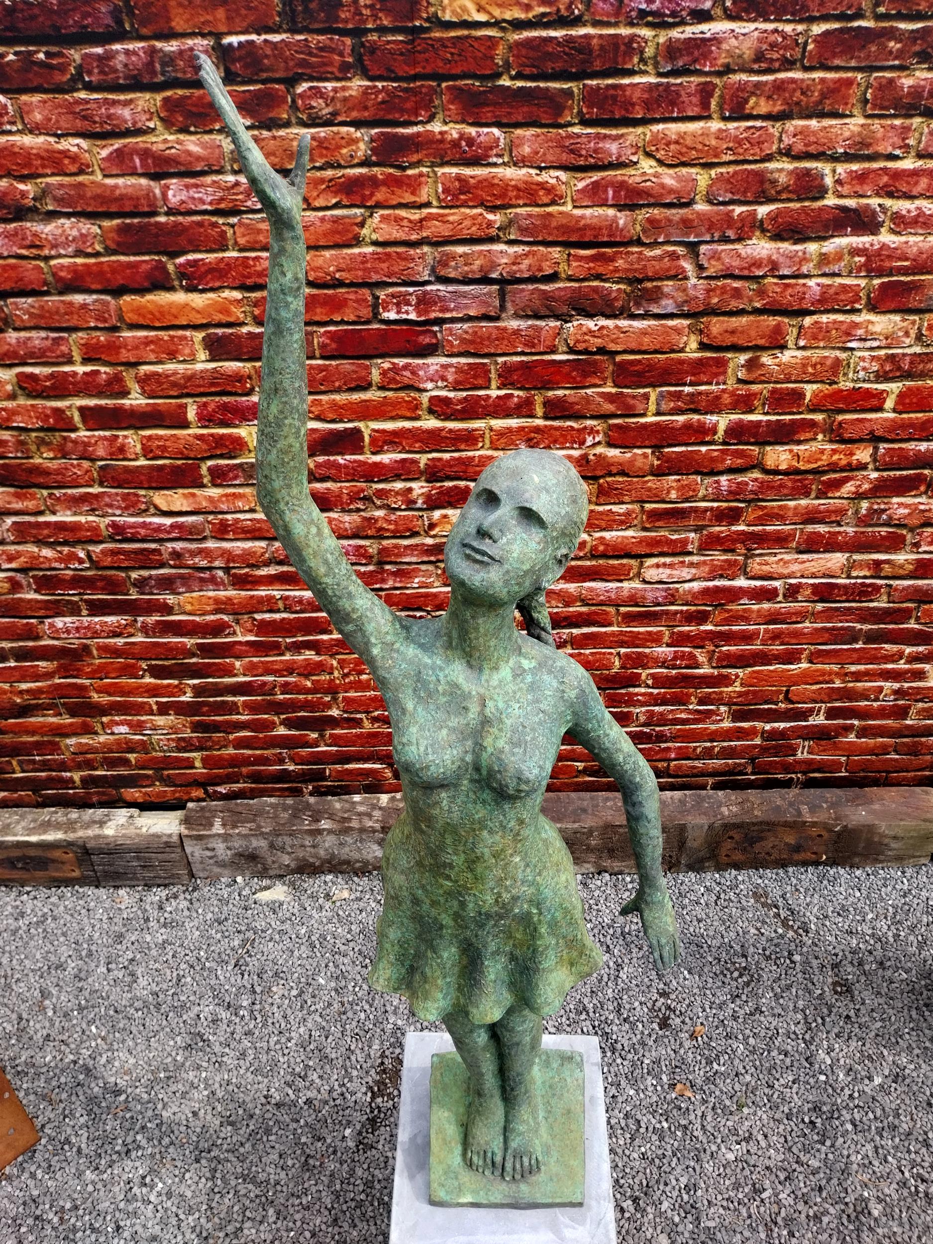 Exceptional quality bronze contemporary sculpture of a Lady with raised arm on slate plinth {Overall - Image 5 of 10