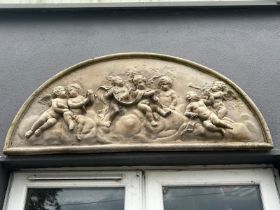 Good quality moulded sandstone wall plaques decorated with cherubs {50cm H x 116cm W}