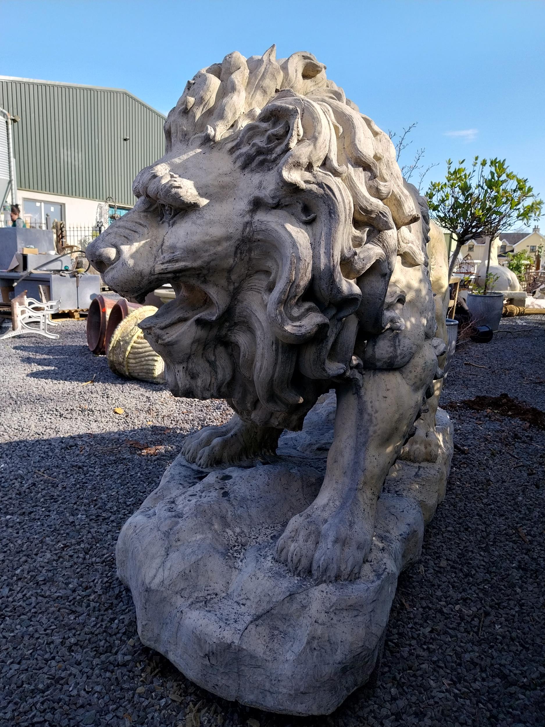 Pair of exceptional quality moulded sandstone majestic Lions {132 cm H x 210 cm W x 80 cm D}. - Image 7 of 16